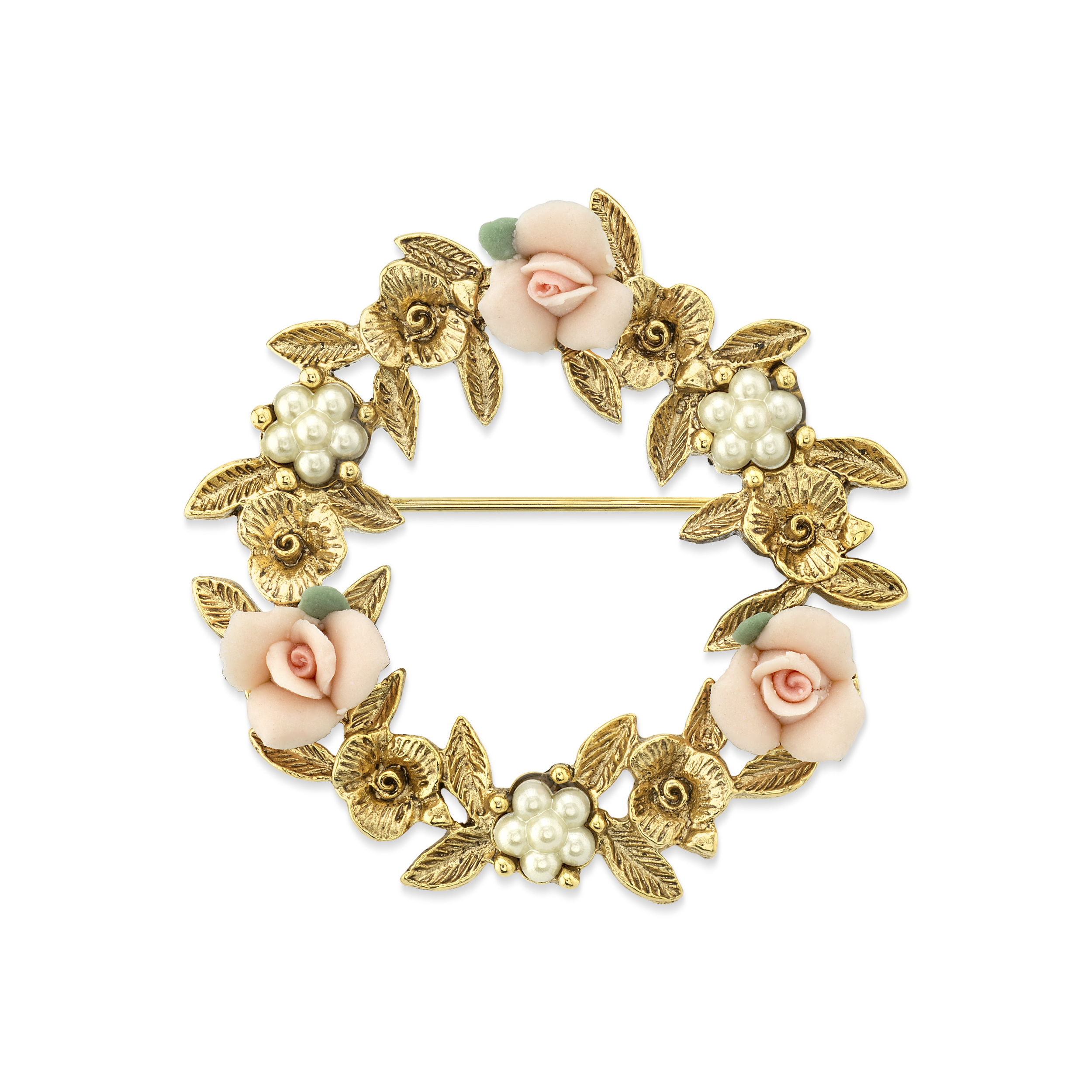 thumbnail video image 2 of 1928 Jewelry 14K Gold Dipped Pink Porcelain Rose Wreath Brooch, 2 of 5