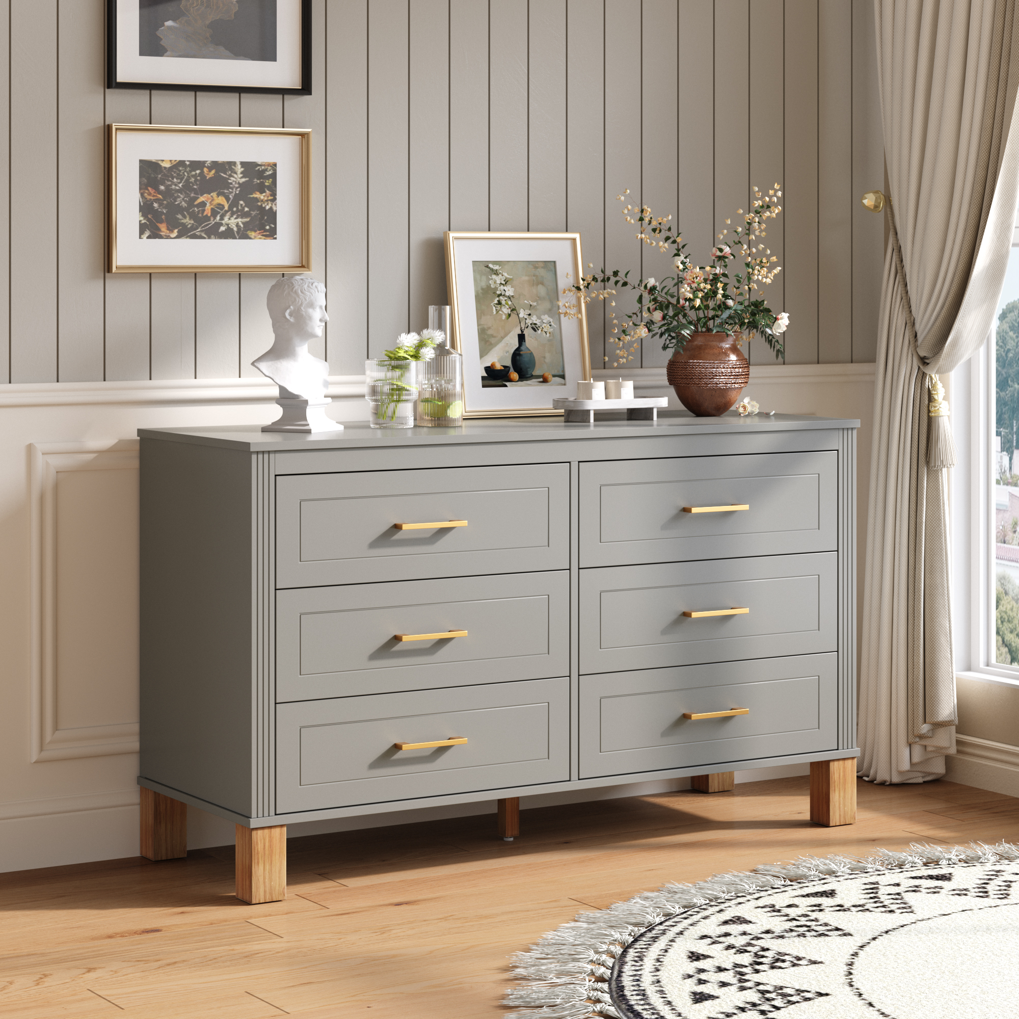 grey contemporary dresser Atumcto Modern 6-Drawer Adult Bedroom Dresser, Solid Wood Legs & Metal Handles, Storage Cabinet, Gray, Adult Unisex, Size: 24 Prom 2043