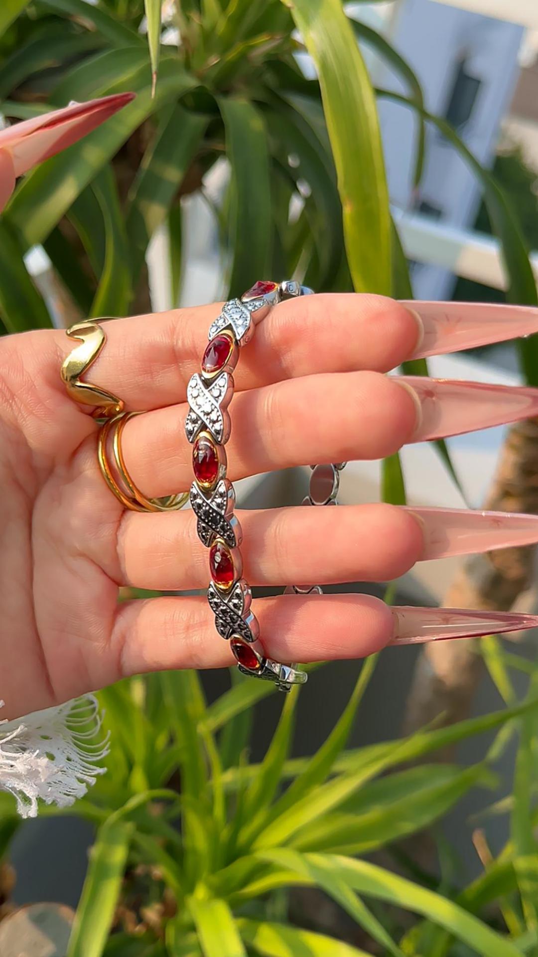 thumbnail video image 2 of Wollet Red Blue Crystal Stainless Steel Magnetic Bracelets for Women, Set of 2, 7.8 inches, Christmas Jewelry Valentine‘s Day Gifts, 2 of 7