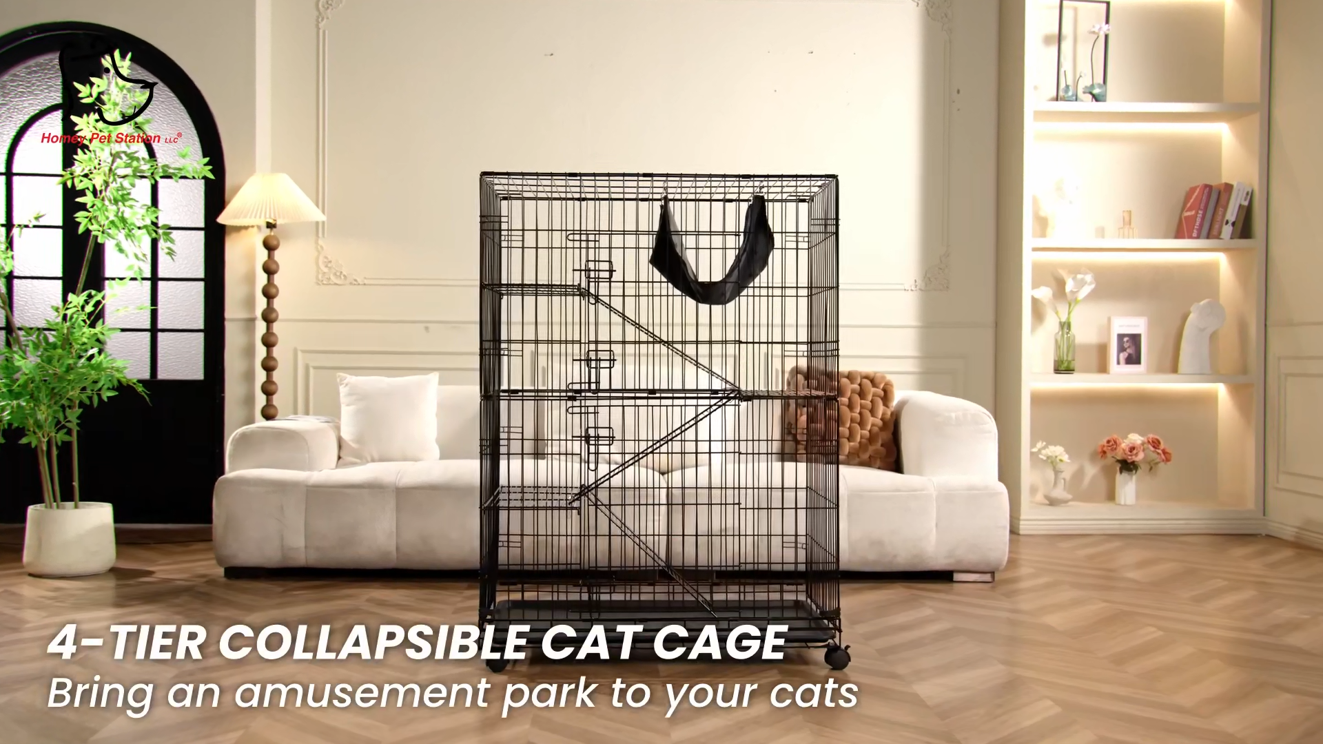 thumbnail video image 2 of Homey Pet 50 Inch Cat Cages Indoor, Large 4-Tier Cat Crates for Indoor Cats, Collapsible Metal Wire Cat Enclosures Big Multi-Level Cat Cage for Adult Cats Kitten Kitty with Hammock, Ramp, 360° Wheels, 2 of 11