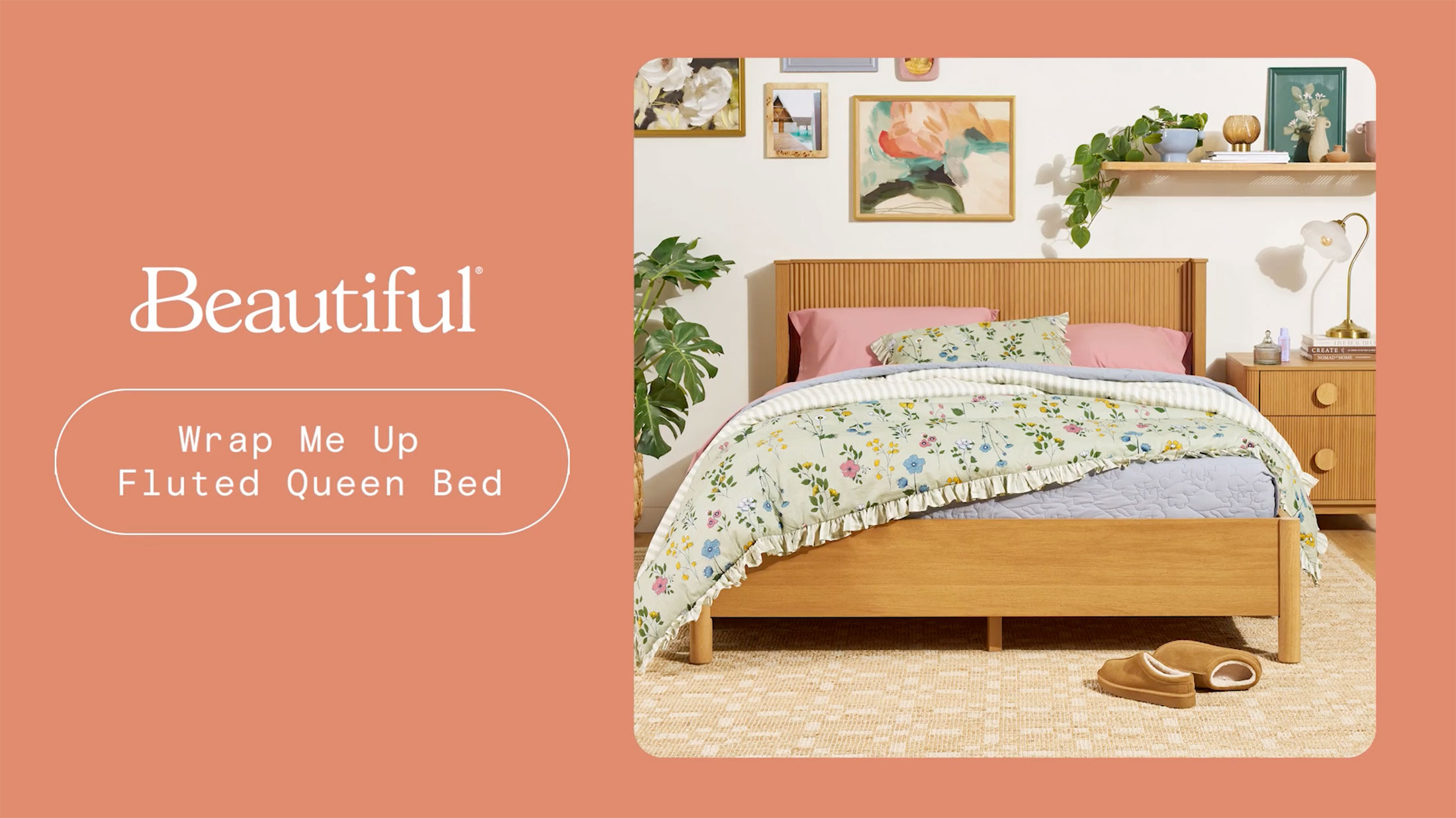 thumbnail video image 2 of Beautiful Wrap Me Up Fluted Queen Bed by Drew Barrymore, Warm Honey Finish, 2 of 13