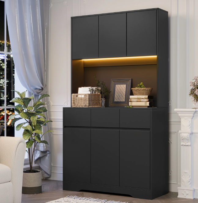 thumbnail video image 2 of Bifanuo Kitchen Pantry Storage Cabinet, Large Buffet Cabinet with Power Outlets and Led Lights, 71'' Tall Kitchen Hutch Cabinet with Microwave Stand for Dining Room, Black, 2 of 7