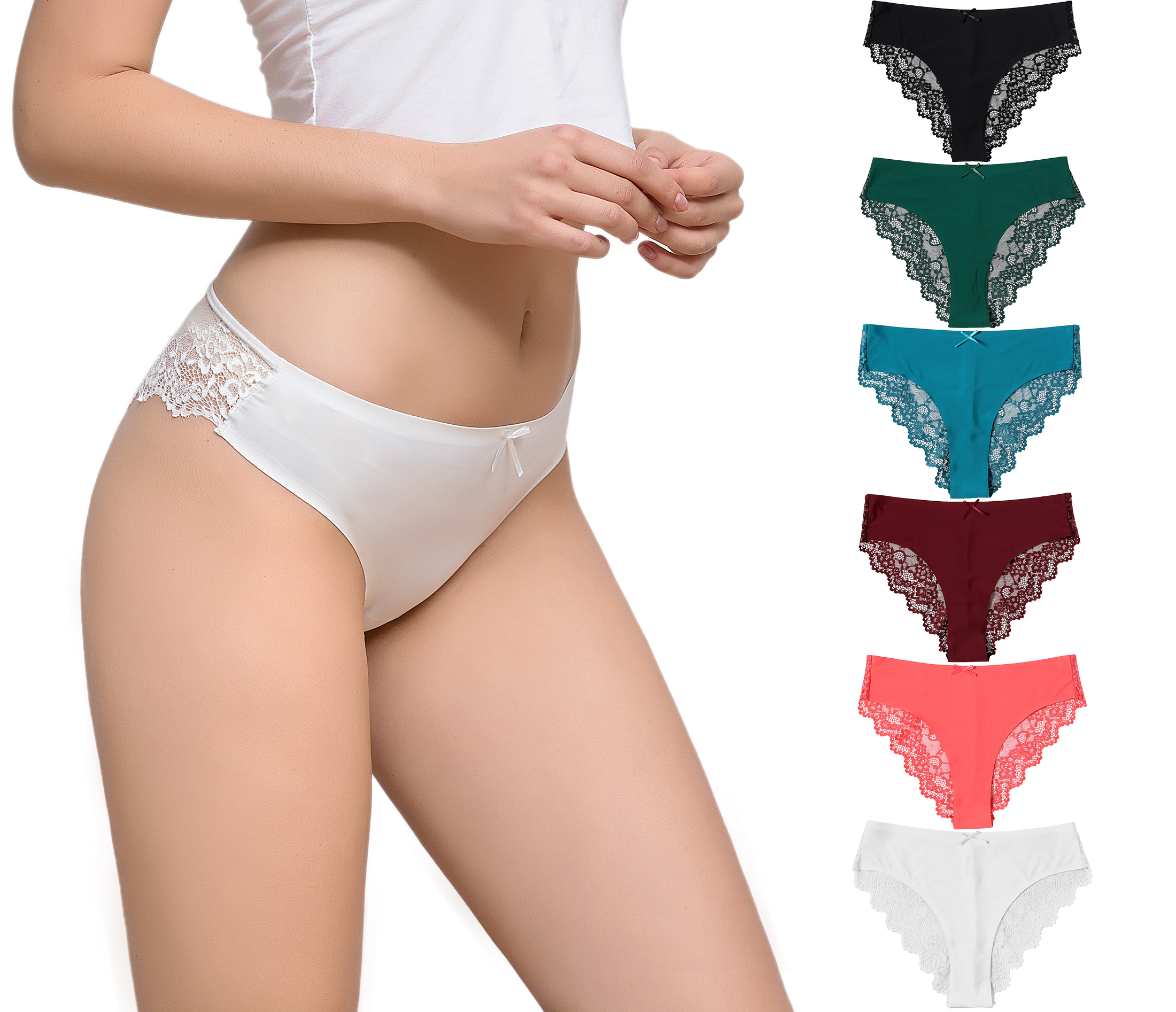 thumbnail video image 2 of Solavia Lace Panties for Women, Soft Comfortable No Show Bikini, Cheeky Underwear, Seamless Front, 5-Pack, Size S to XXL, 2 of 4