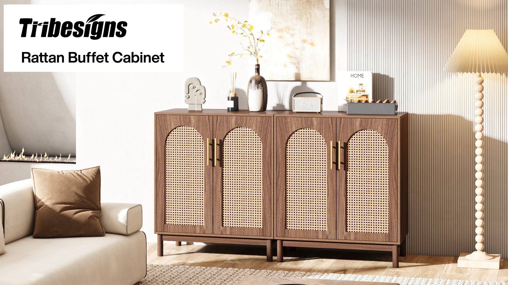thumbnail video image 2 of Tribesigns Set of 2 Rattan Sideboard Buffet Cabinet with Storage, 59 Inch Accent Cabinet with Doors, Storage Cabinet for Dining Room, Living Room, Kitchen, 2 of 8