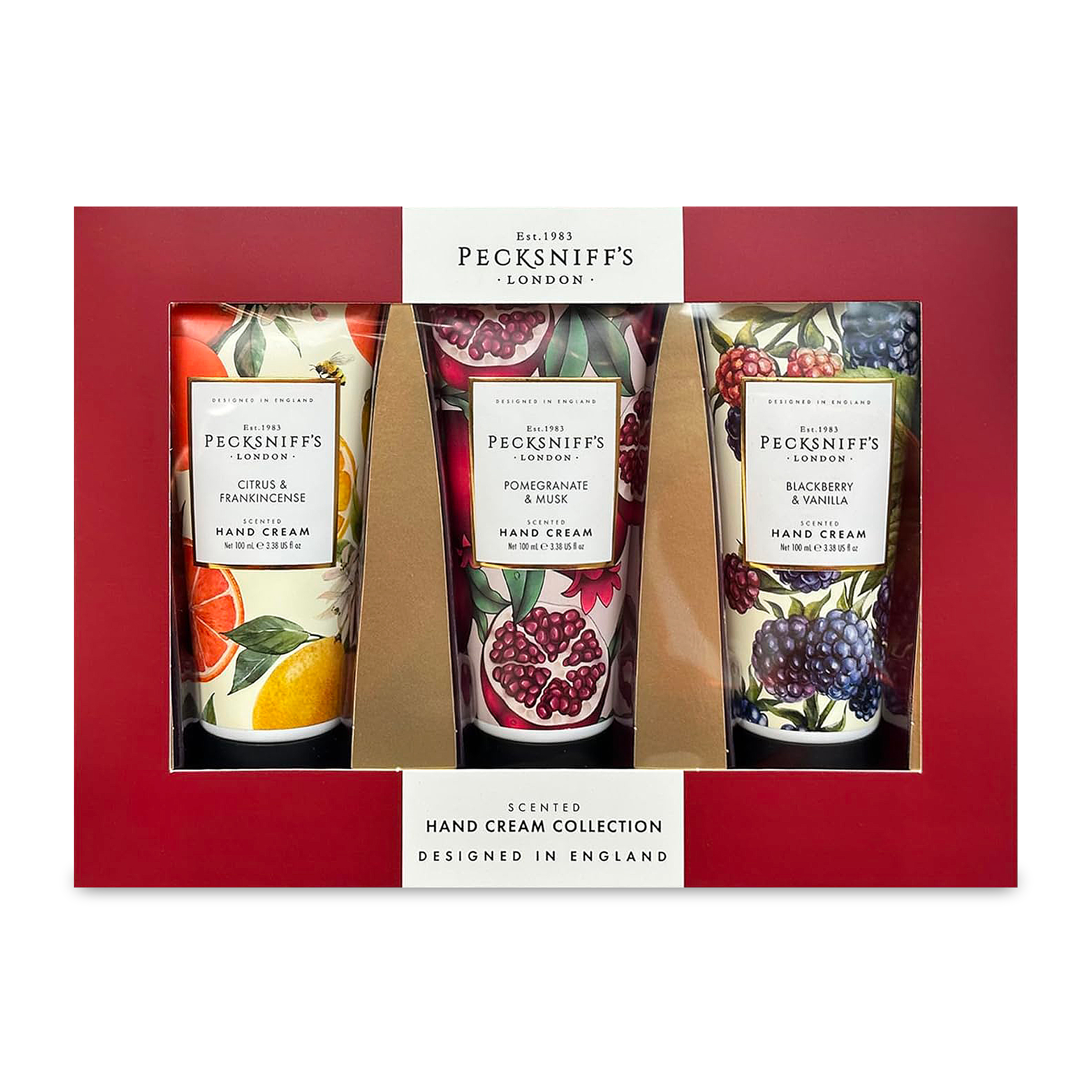 thumbnail video image 2 of Pecksniff’s Enchanted Winter Hand Cream Collection – 3 Pack 100ml Tubes – Luxury Moisturizing Gift Set for Women & Men with Citrus & Frankincense, Pomegranate & Musk, Blackberry & Vanilla, 2 of 9