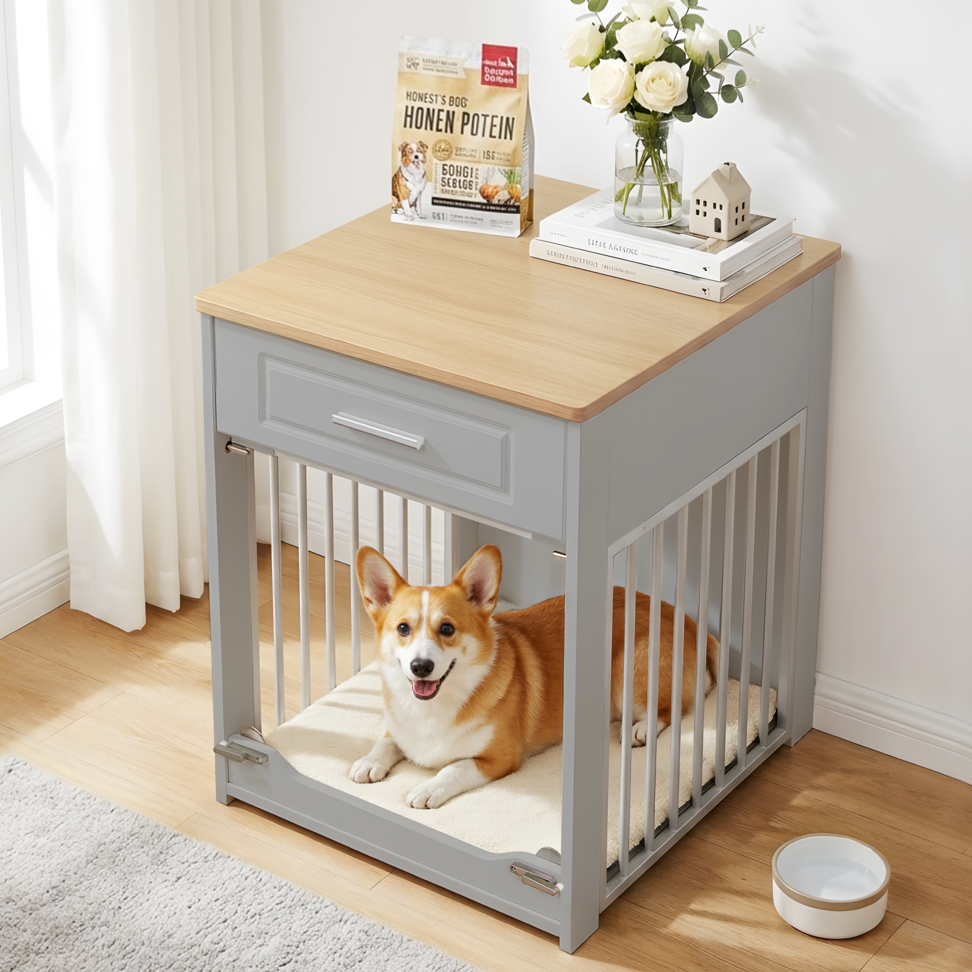 thumbnail video image 2 of Whifea Farmhouse Wooden Dog Crate Furniture with Flip Up Door & Storage Drawer, 26''H×20''W×24''D, Indoor Pet Kennel for Medium Dogs, Gray, 2 of 9
