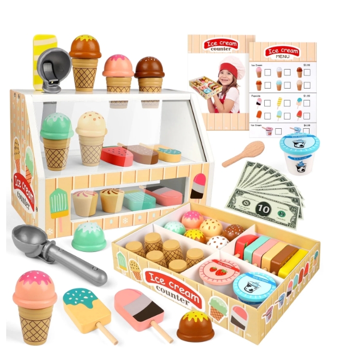 thumbnail video image 2 of Freecat Wooden Ice Cream Set, Play Food Toys for Girl Ages 3 4 5 6 Years, Birthday Gift for Girls., 2 of 9