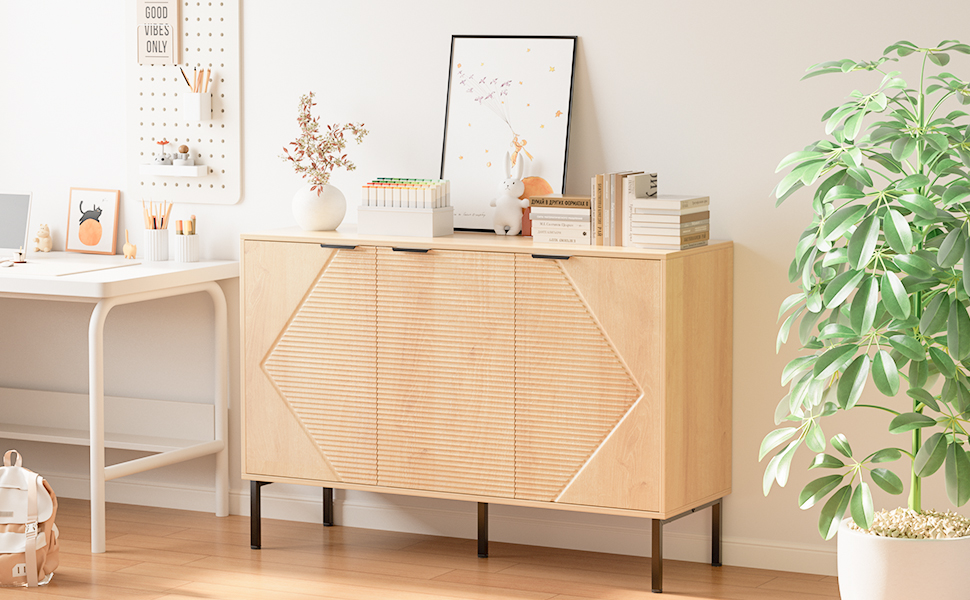 thumbnail video image 2 of ANHDAH Buffet Cabinet with 3 Doors, 46" Farmhouse Credenza Sideboard, Modern Coffee Bar Cabinet for Kitchen, Living Room, Entryway,Natural Oak, 2 of 8