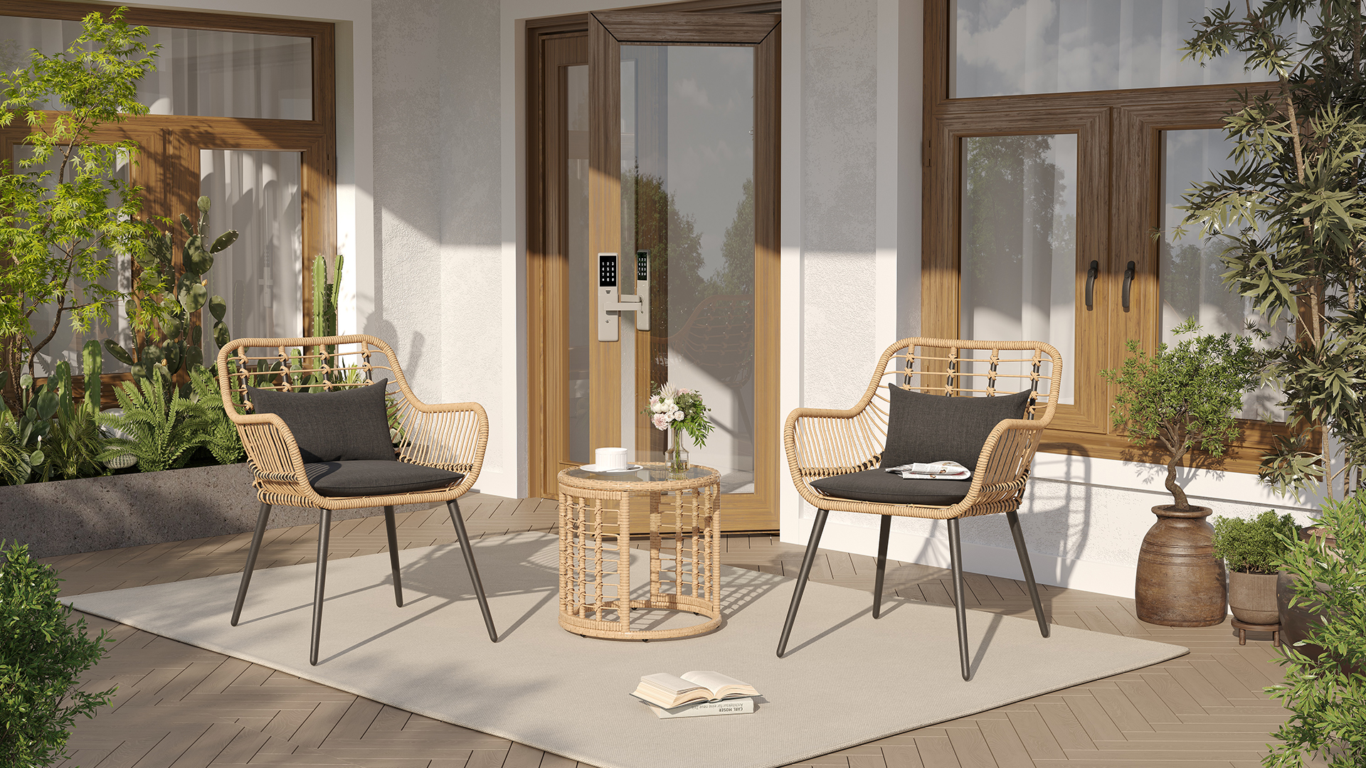 thumbnail video image 2 of JOIVI 3-Piece Patio Set, Outdoor Wicker Bistro Sets, Patio Rattan Conversation Set for Porch, Backyard with Round Glass Top Coffee Table, 2 of 10