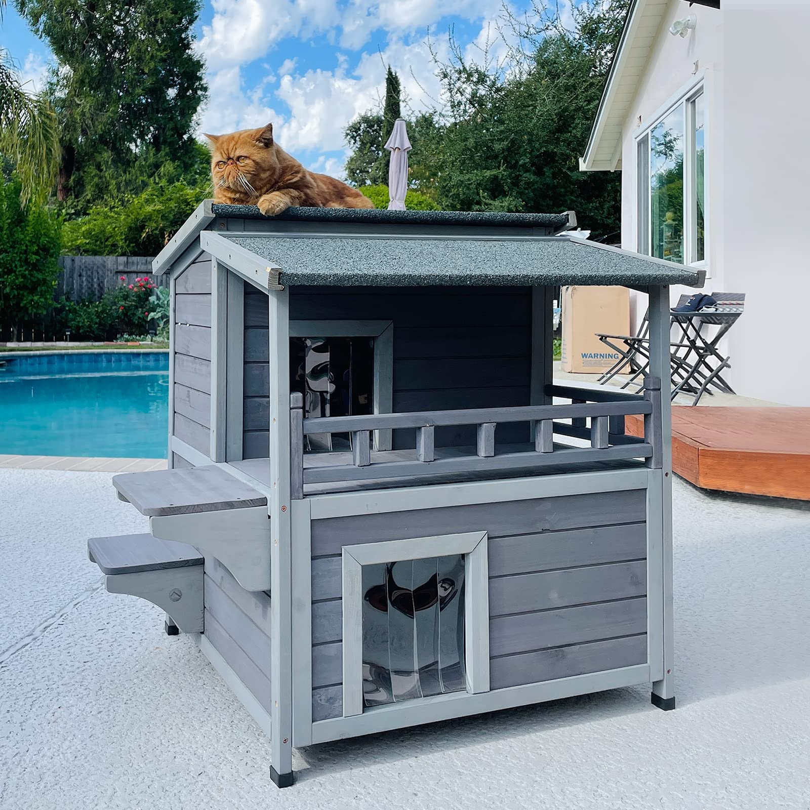 thumbnail video image 2 of Aivituvin Outdoor Cat House Wooden Winter Weatherproof Feral Cat Shelter with Balcony, 2 of 8