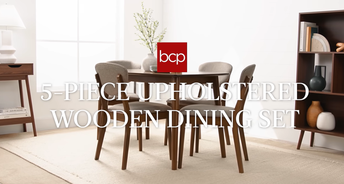 thumbnail video image 2 of Best Choice Products 5-Piece Compact Wooden Mid-Century Modern Dining Set w/ 4 Chairs, Padded Seat & Back - Walnut/Charcoal, 2 of 8
