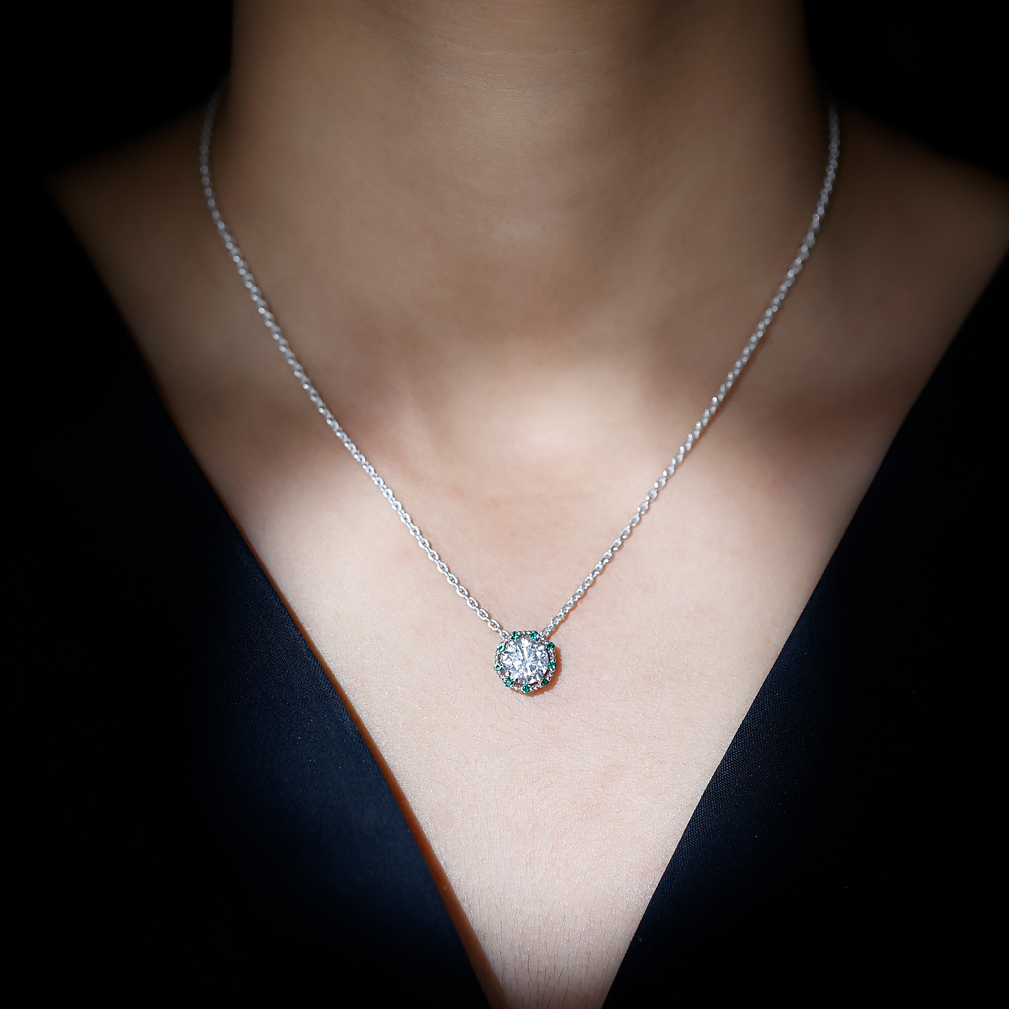 thumbnail video image 2 of Rosec Jewels Lab Grow Diamond Pendant with Chain - Vintage Inspired Diamond Emerald Necklace - EF-VS Grade, 14K White Gold, 2 of 8