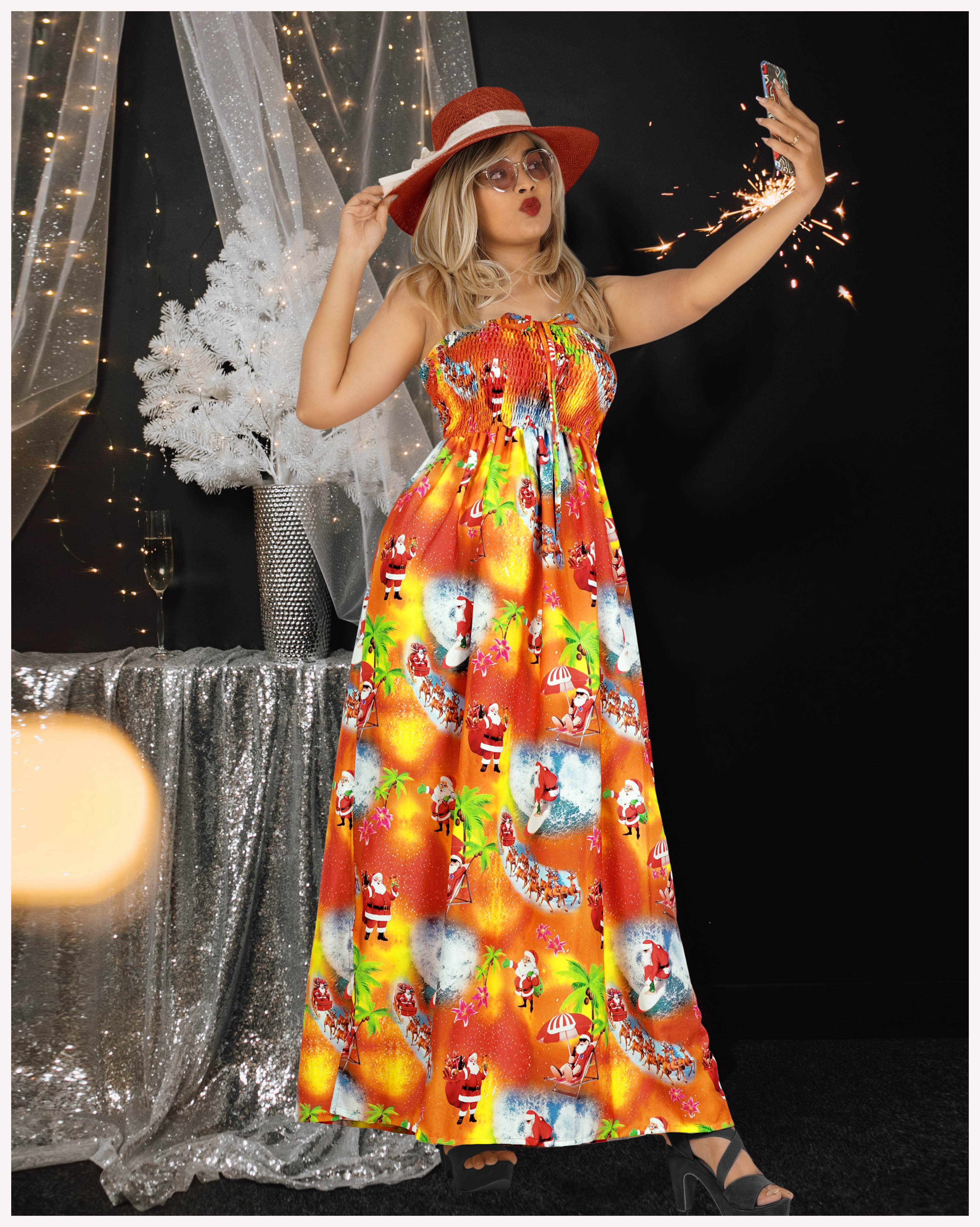 thumbnail video image 2 of HAPPY BAY Women's A line Slit Smocked Maxi Casual Beach Dress Tube Top Evening Long Strapless Christmas Outfits for Women L-XL Tangerine, Christmas, 2 of 6