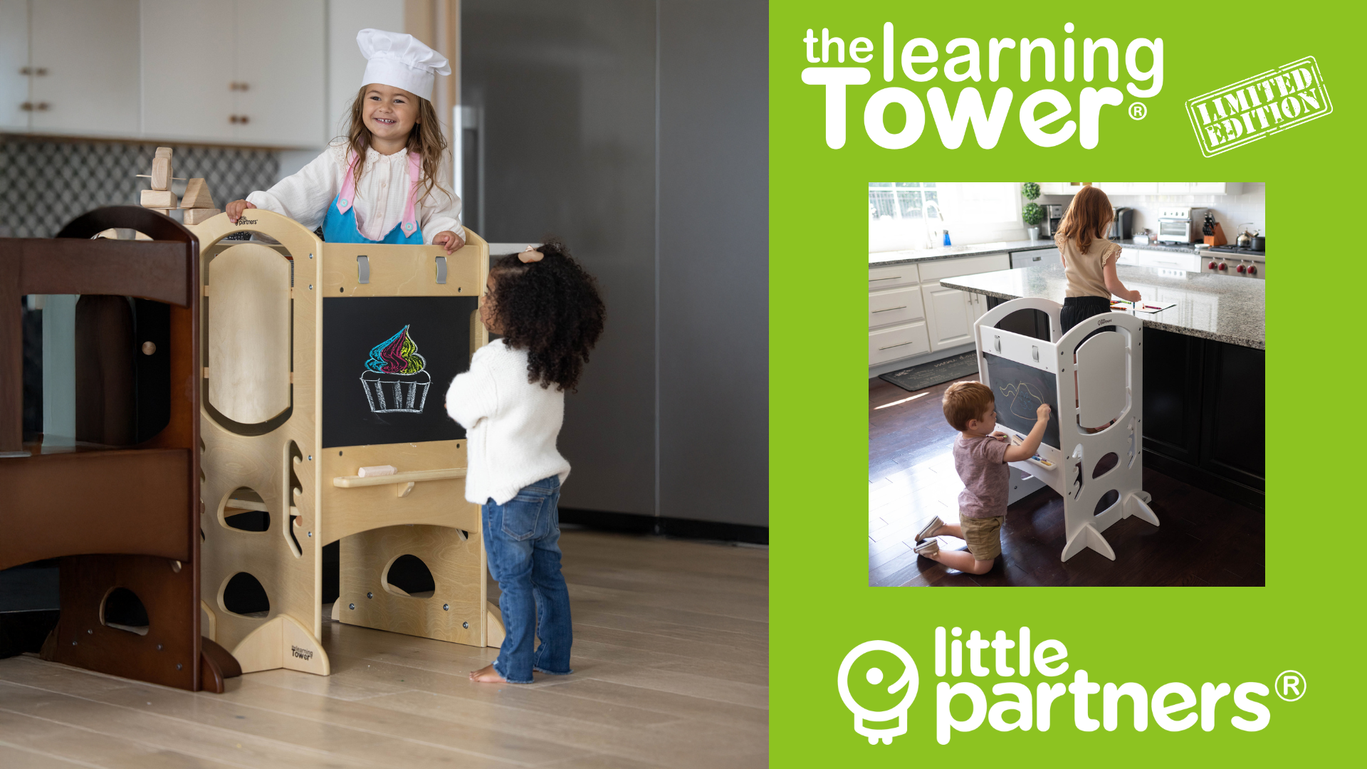 thumbnail video image 2 of Little Partners Learning Tower Limited Edition Toddler Tower Step Stool Activity Center, Kids Wooden Standing Platform with Adjustable Height, Chalkboard, Safety Rails (Natural), 2 of 10