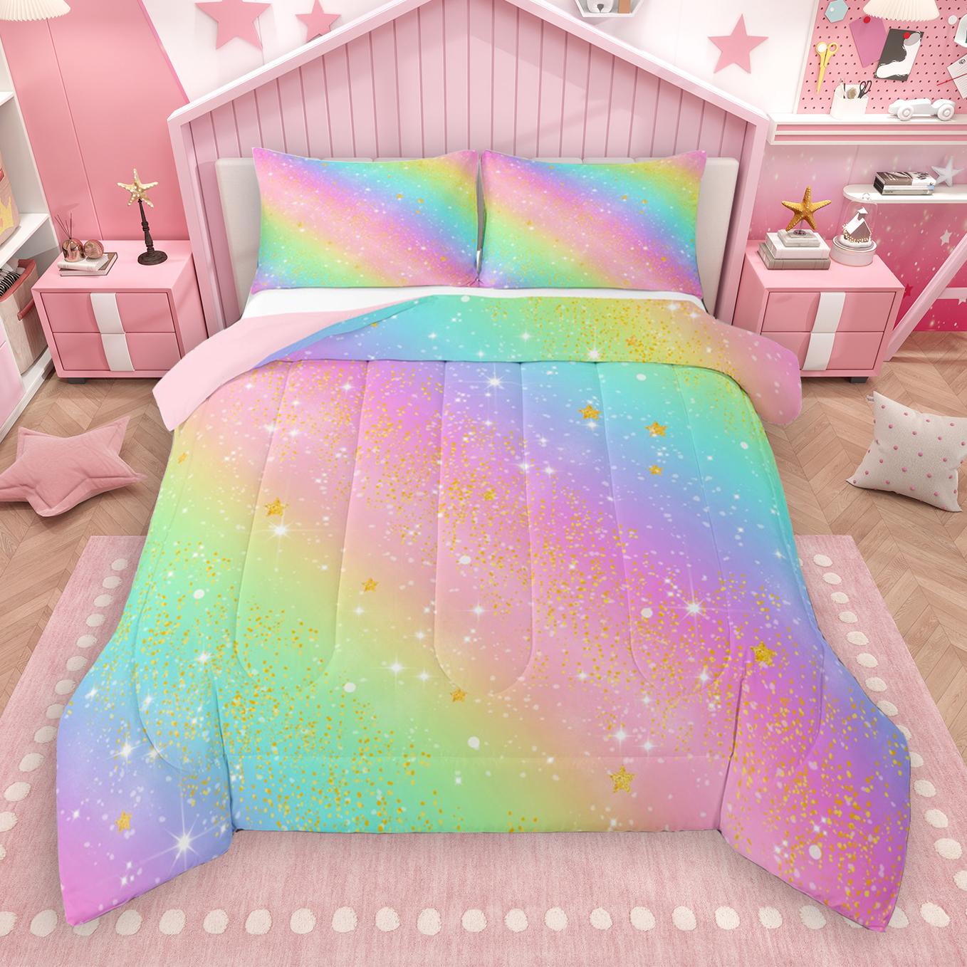 thumbnail video image 2 of Manfei Colorful Fairy Tale Full Size Comforter Sets,Rainbow Lines Striped Bedding Comforter Set,Gradinert Blue Yellow Pink Bedding Sets For Girl Teens,Ultra Soft Home Decor Reversible,3pcs, 2 of 9