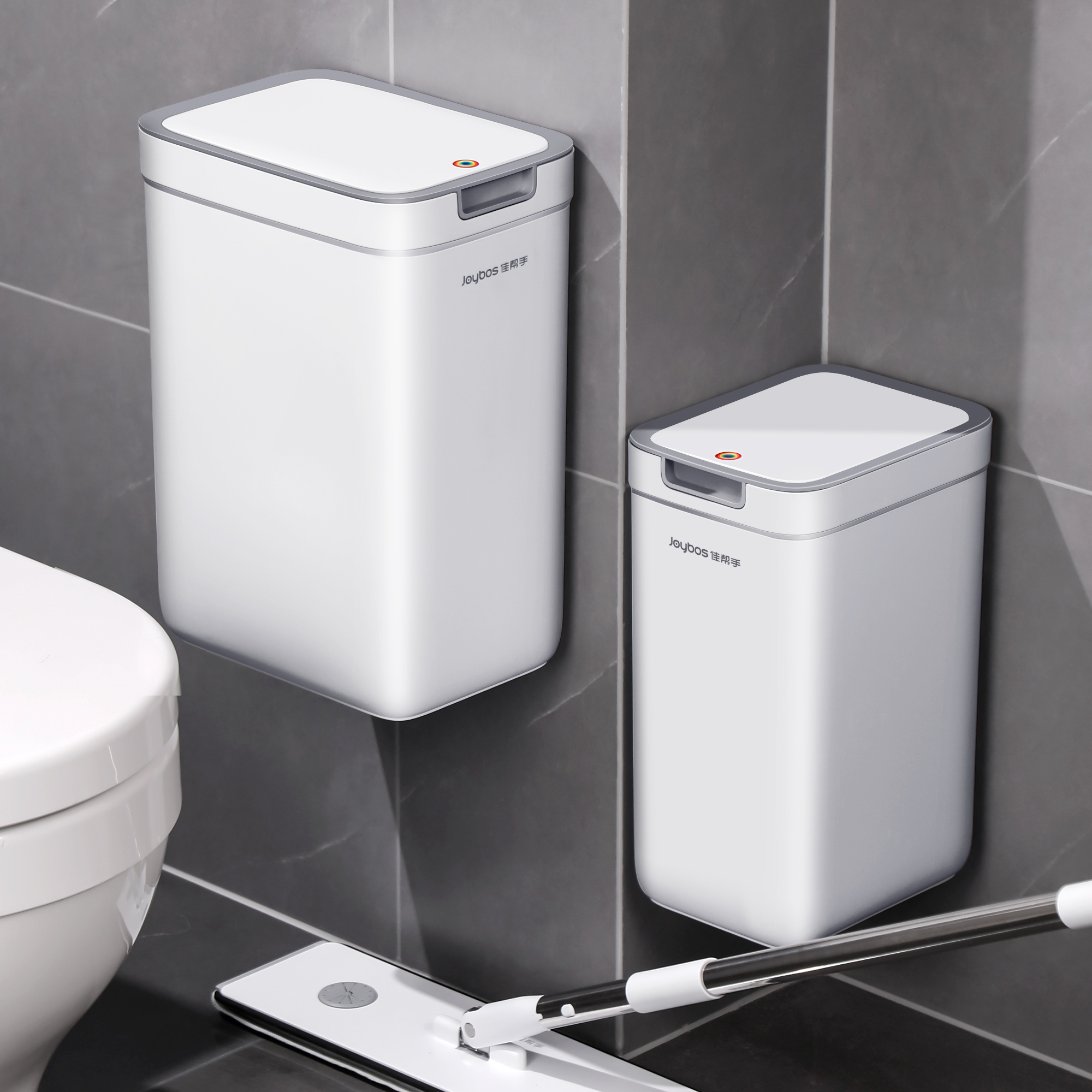 thumbnail video image 2 of Joybos Bathroom Trash Can, 2 Pack (3.6 Gal and 2.4 Gal) Space Saver Wall-Hang Garage Can with Pop-up Lid for Household Use, 2 of 11