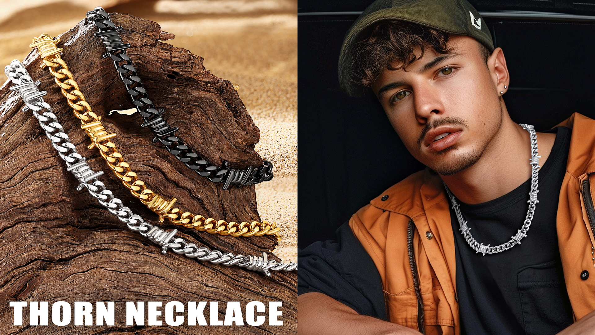 thumbnail video image 2 of Bestyle Thorns Cuban Chain for Men 9MM Thick Barbed Wire Choker Necklace Birthday Christmas Birthday Gifts for Dad Son Husband, 16 Inch, 2 of 9