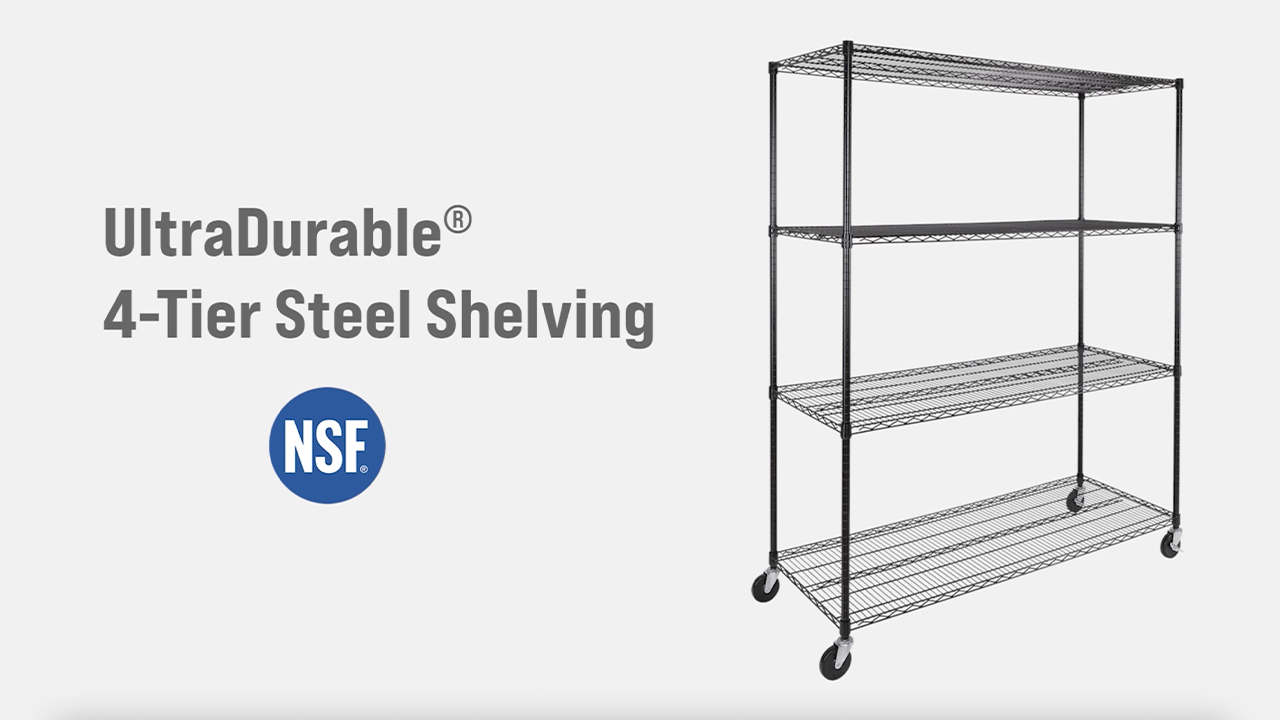 thumbnail video image 2 of Seville Classics UltraDurable® 4-Tier NSF Steel Wire Shelving, 60" W x 24" D, Black, 2 of 12
