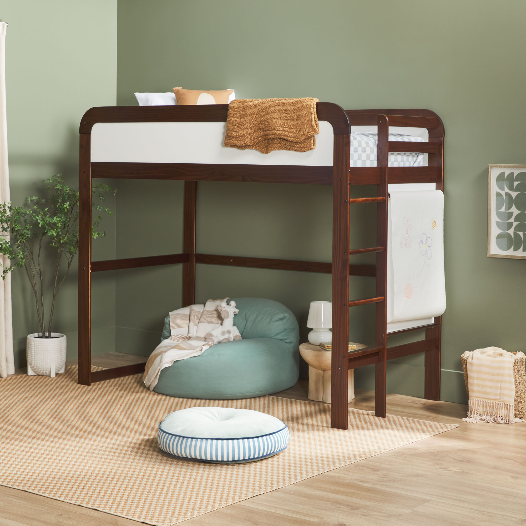 thumbnail video image 2 of Walker Edison Contemporary Twin Loft Wooden Bed with Ladder, Natural Pine, 2 of 11