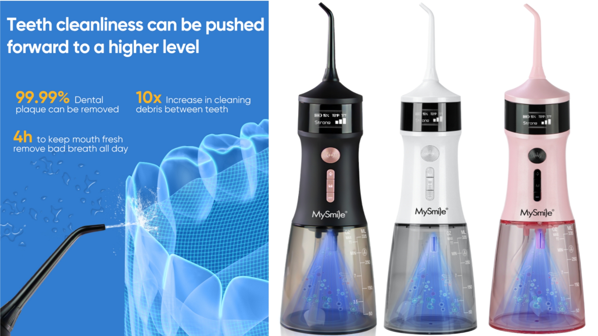 thumbnail video image 2 of MySmile LP221 OLED Cordless Water Flosser with UVC Sterilizer Light, Portable Oral Irrigator Electric Dental Flosser Picks for Teeth Cleaning, Braces, Gums, 5 Modes, 8 Jet Tips, Travel Bag, Black, 2 of 9