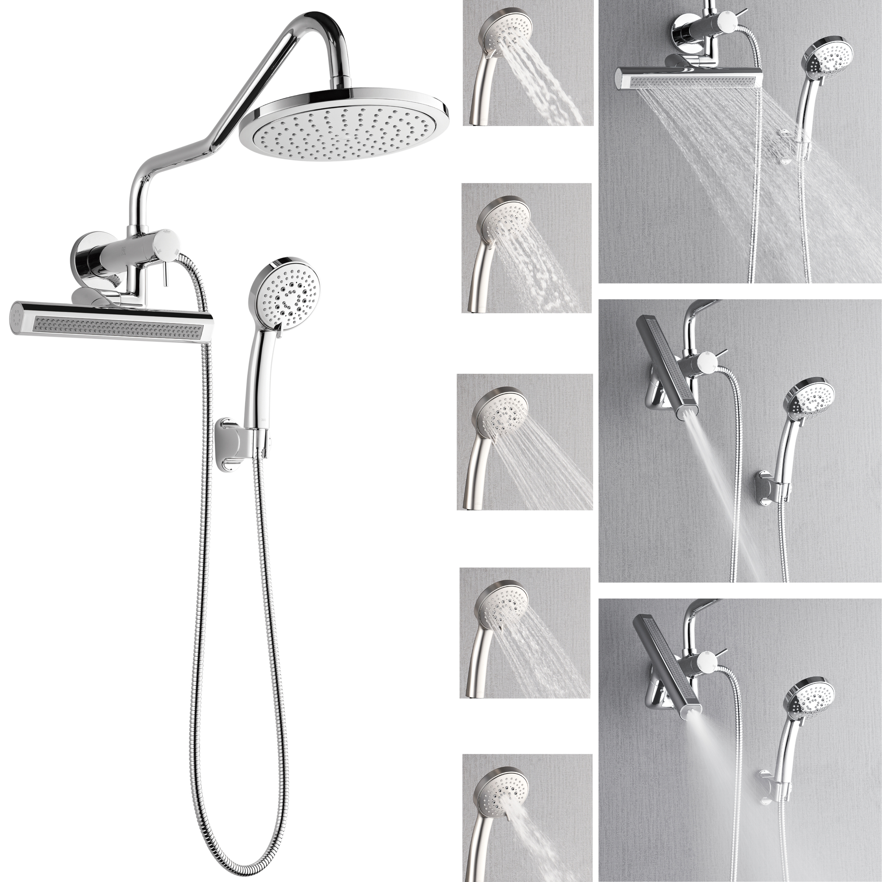 thumbnail video image 2 of FORNO ACQUA Shower System 9 in. Rainfall Head, 3-Mode Waterfall Body Jet & 5-Mode Handheld. Brushed Nickel 2.5 GPM, 2 of 12