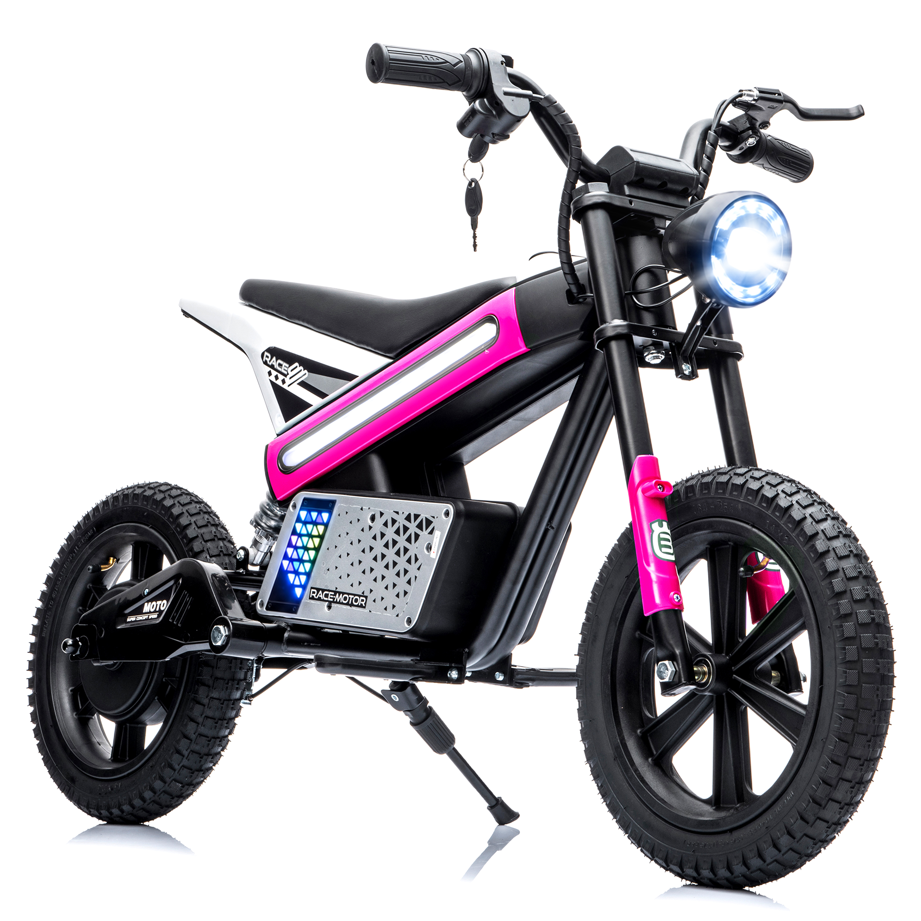 thumbnail video image 2 of 24V Kids Electric Dirt Bike, 300W Motorcycle for Big Kids Ages 6-12, 13 MPH, 14" Inflatable Tires, Twist Grip Throttle, Rear Spring Suspension, Key Start, Bluetooth, Pink, 2 of 11