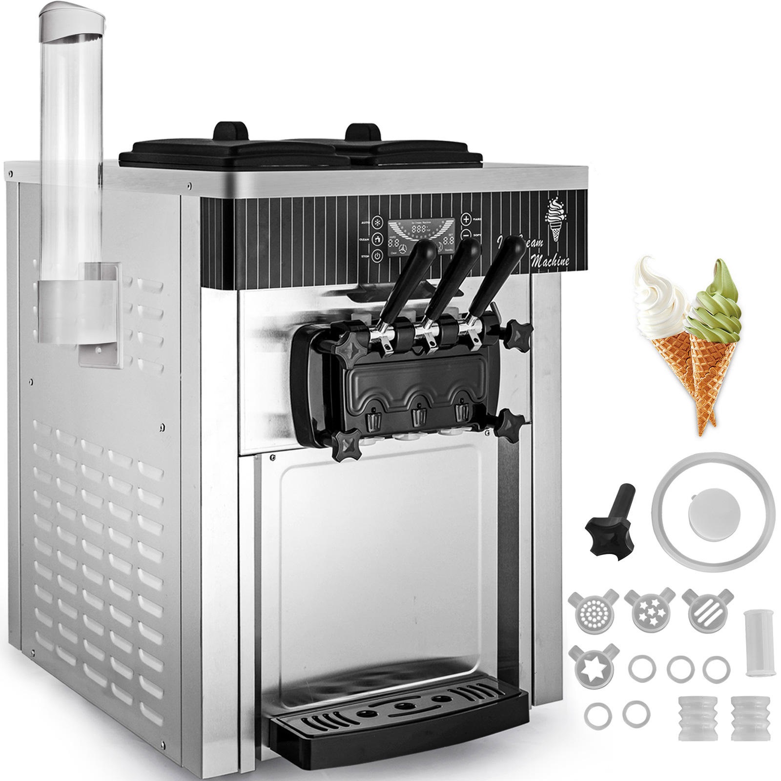 thumbnail video image 2 of SHENGJINSH Ice Cream Maker, 3 Flavors 5.3-7.4 Gal/H, 2200W Commercial Ice Cream Machine with LED Display Auto Clean, 2 of 9