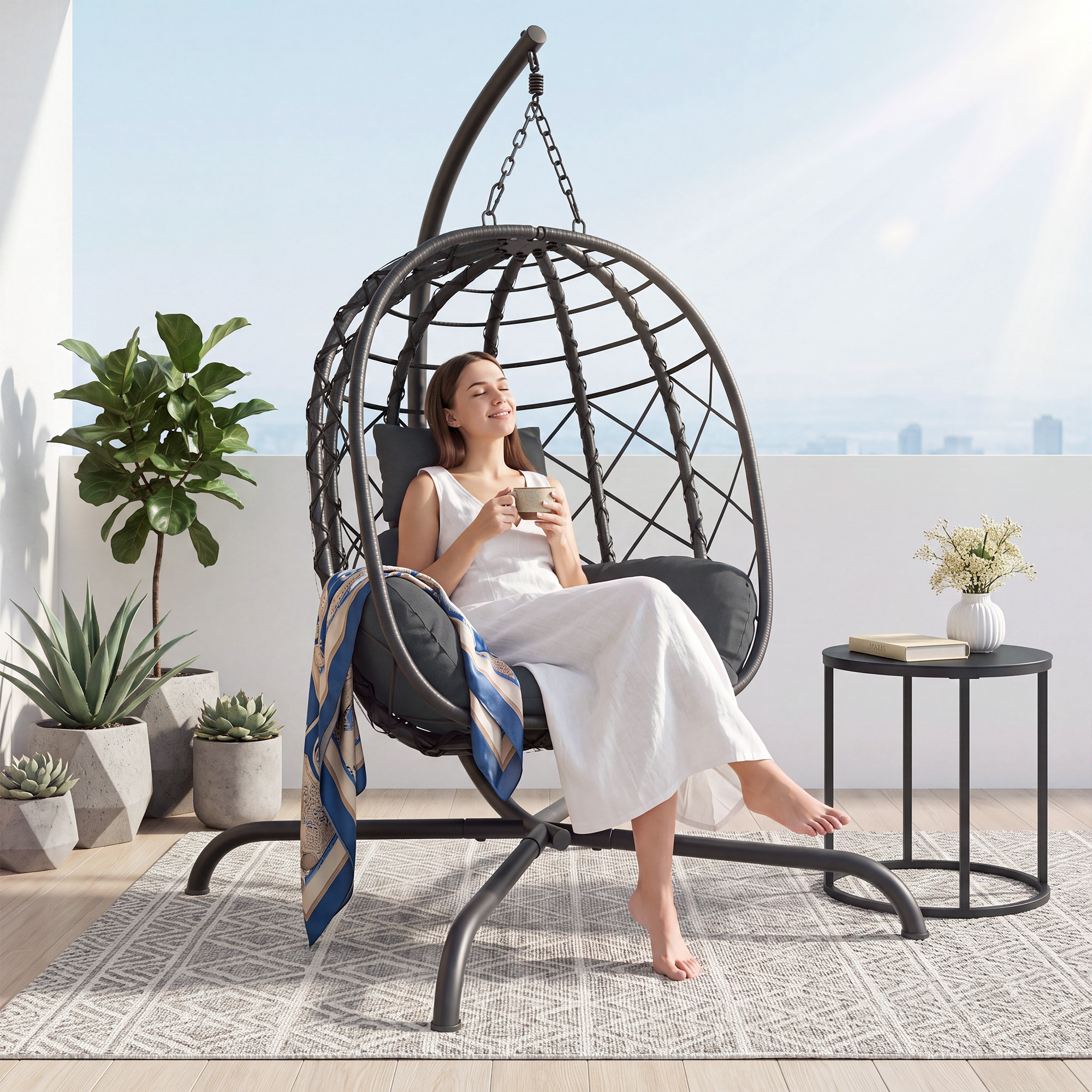 thumbnail video image 2 of TQKVIPI Foldable Wicker Egg Chair with Stand, Indoor and Outdoor Hanging Swing Chair with Cushion, 350 lb Capacity, Black and Dark Gray, 2 of 12