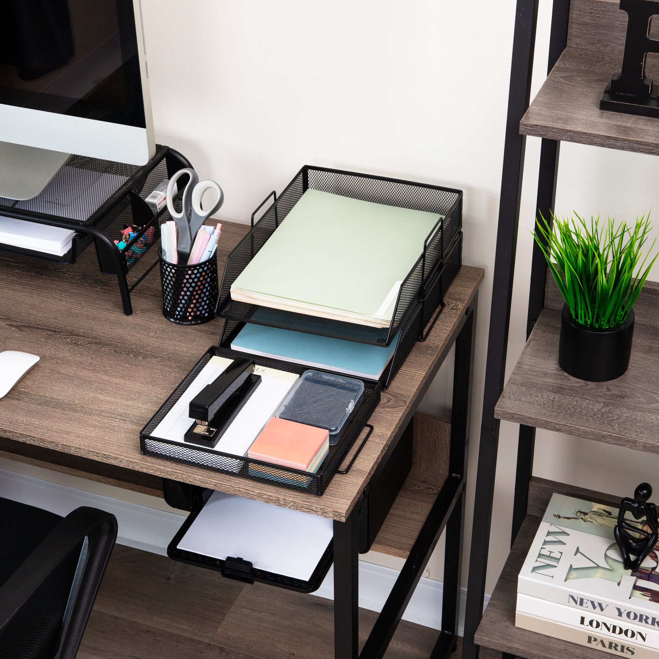 thumbnail video image 2 of Mind Reader 2 Tier Paper Tray with Top Supply Compartment, Desktop File Organizer, Metal Mesh, Black, 2 of 7