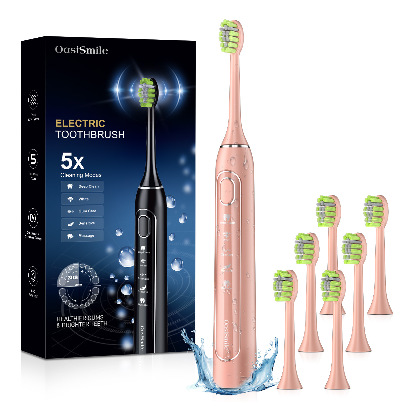 thumbnail video image 2 of OasiSmile Sonic Electric Toothbrush for Adults and Kids, 5 Modes 42000 VPM Rechargeable Travel Power Toothbrushes with 6 Brush Heads, 90 Days Battery Life, Rose Gold, 2 of 9