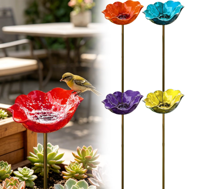 thumbnail video image 2 of HomelyJoy Purple Flower Bird Feeder and Bird Bath Garden Stakes, Metal Flower Bees Watering Station Bowl, Decorative Wild Bird Feeding Basin for Lawn Backyard Decor, 23.6x5.9 In, 2 of 6