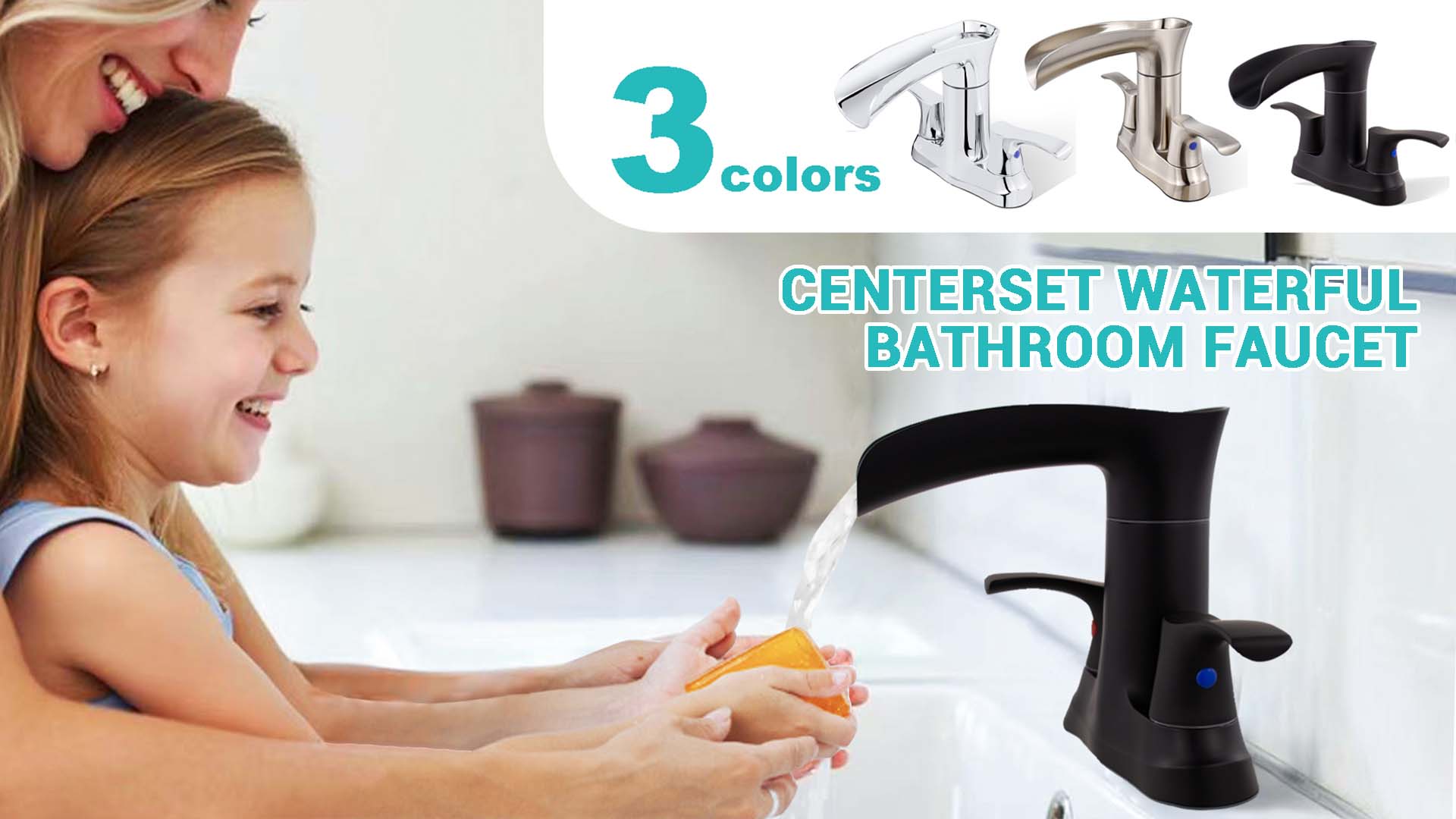 thumbnail video image 2 of Sunrinx 4'' Centerset Bathroom Faucet 2-Handle Waterfall Faucet with 360° Swivel Spout, Brushed Nickel, Lead-Free Plastic, Pop-Up Drain, 2 of 10