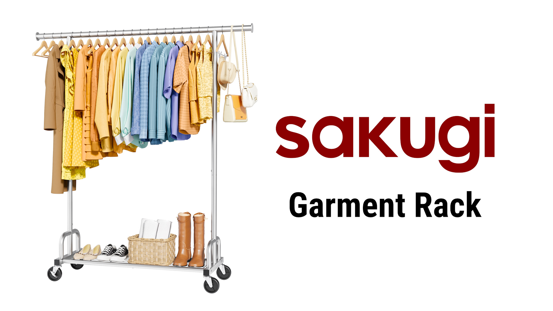 thumbnail video image 2 of Sakugi Clothes Rack with Lockable Wheels, Large-Capacity Metal Clothing Rack for Hanging Clothes, Space-Saving Garment Organizer for Bedroom, Laundry Room, 45.6" x 16.9" x 61.7", Silver, 2 of 10