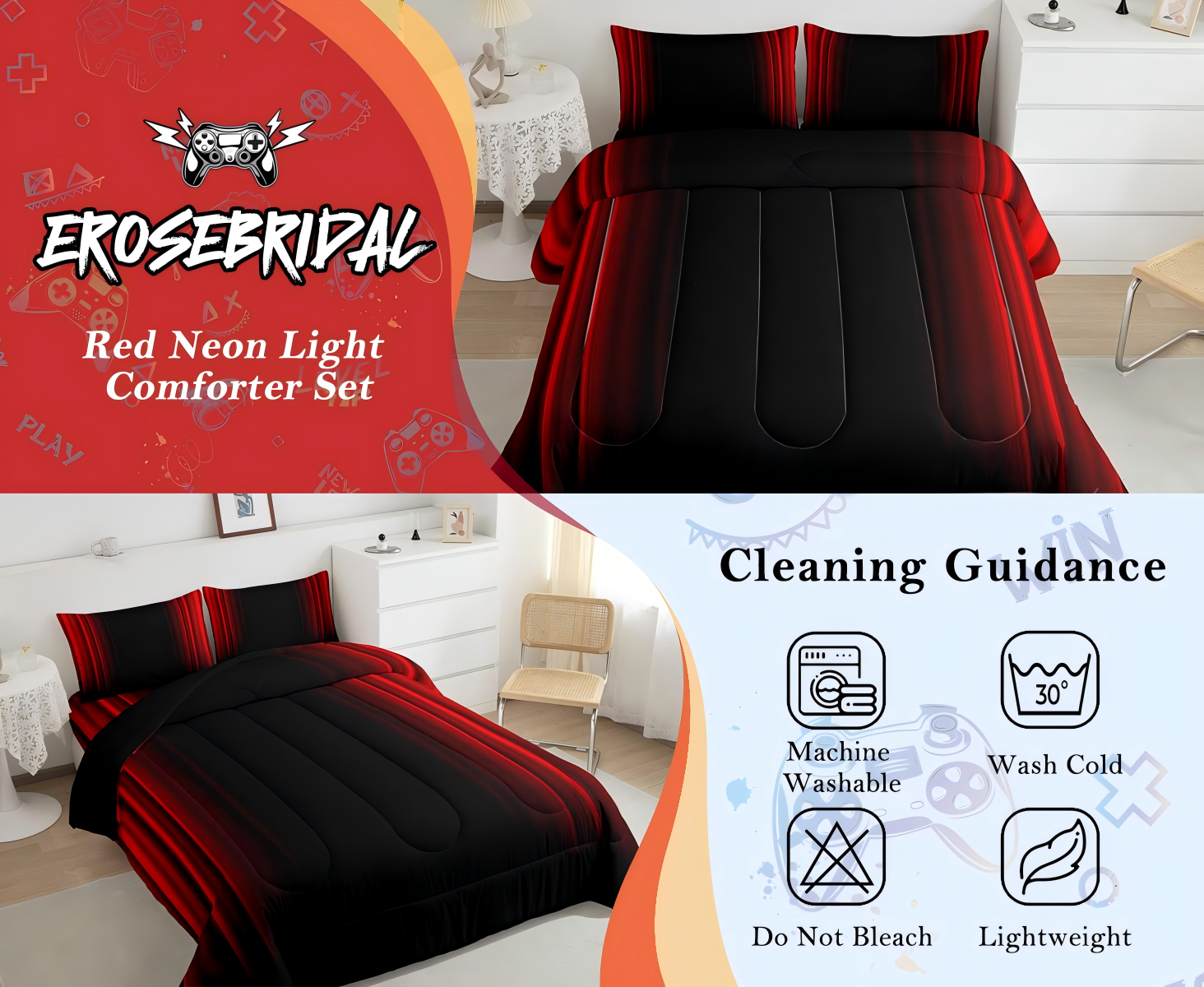 thumbnail video image 2 of Erosebridal Abstract Ombre Comforter Set Teens Red and Black Bedding Set Room Decor 3Pcs King Size, 2 of 6