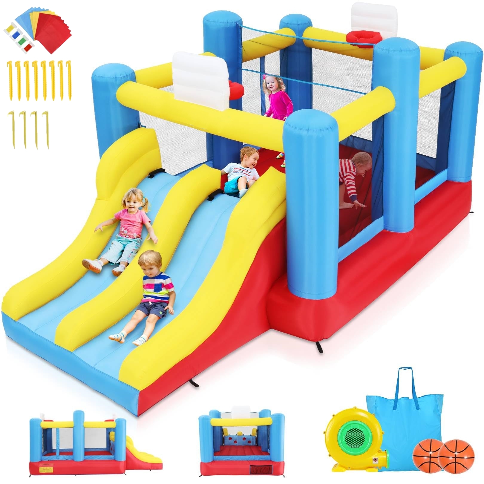 thumbnail video image 2 of Adnoom Bounce House for 4 Kids with Double Slides & Basketball Hoops, Bouncy House with 550W Blower, Inflatable Jump House with Removable Volleyball Net, Indoor/Outdoor, 15 x 8 x 7.5ft, 2 of 10