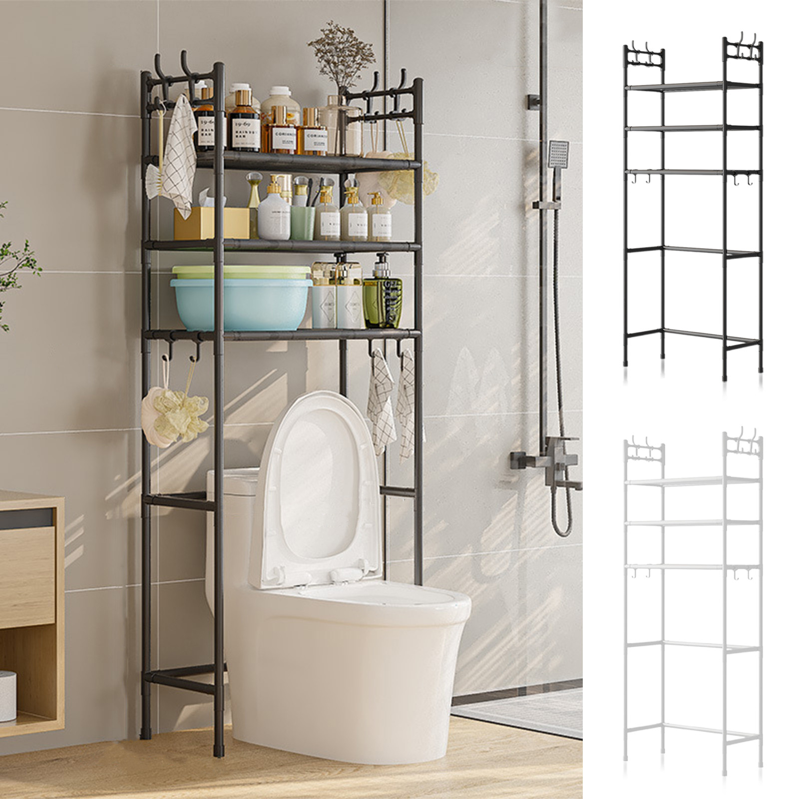 thumbnail video image 2 of Over the Toilet Storage Cabinet Rack 3 Tier Bathroom Organizers and Storage with Hooks Bathroom Organizer Shelf Space Saving Bathroom Storage Decor Balcony Plant Stand Tissue Holder for Bathroom, 2 of 7