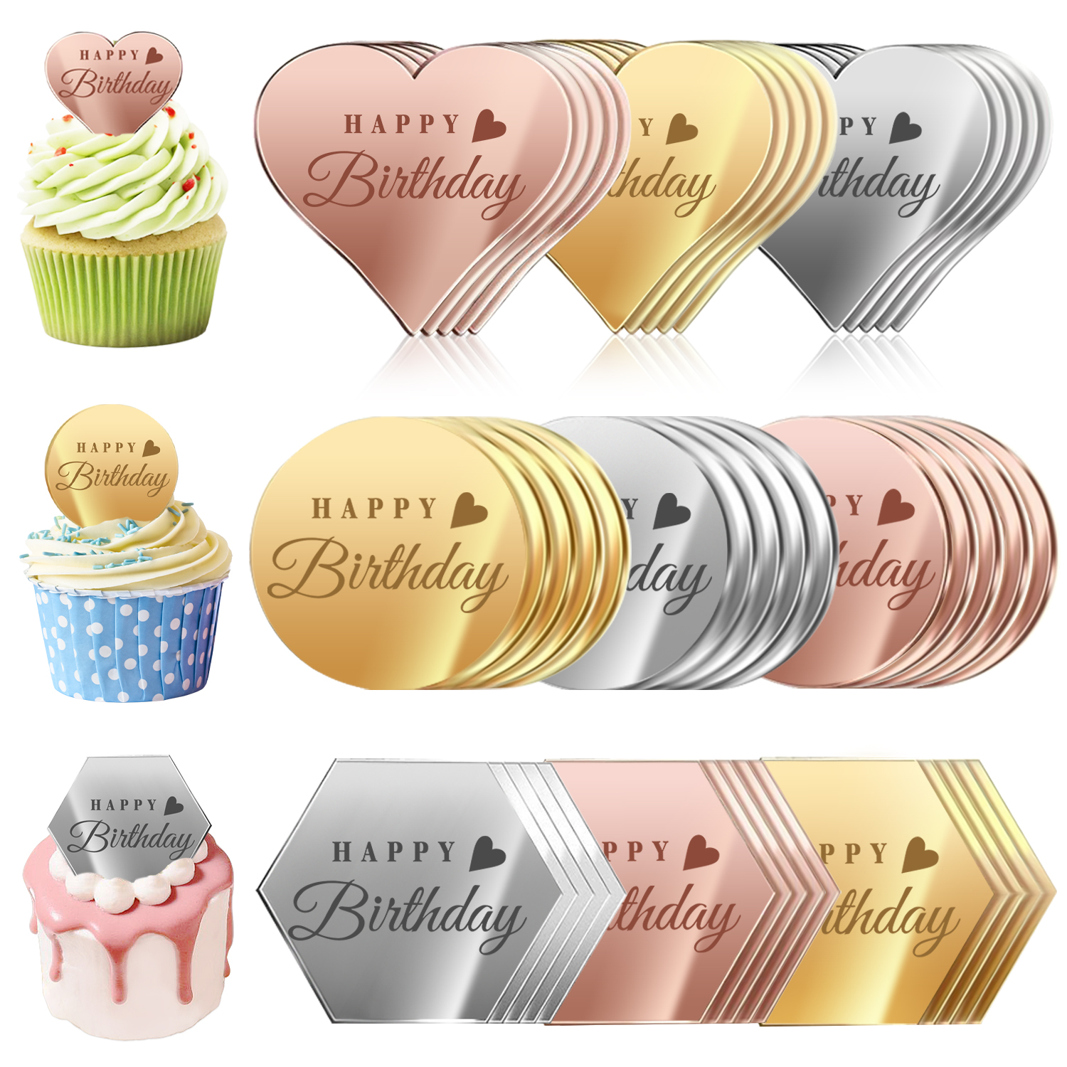 thumbnail video image 2 of 45Pcs Happy Birthday Cake Toppers, Mirror Acrylic Cupcake Toppers 3 Multi-shape & 3 Different Color Custom Cupcake Picks for Birthday Party Anniversary Pastries Decorations, 2 of 9