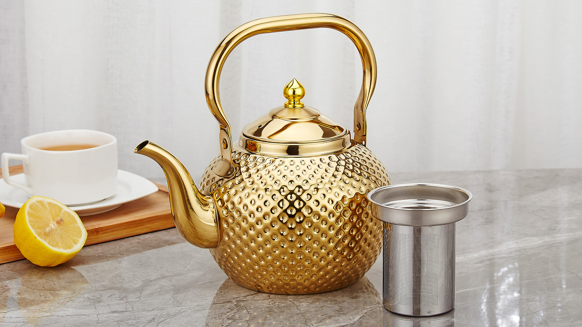 thumbnail video image 2 of SANQIAHOME 1200ml teapot with Infuser stainless steel Water Boilers lifting handle Tea Maker Water Kettle for Induction/Gas gold, 2 of 11