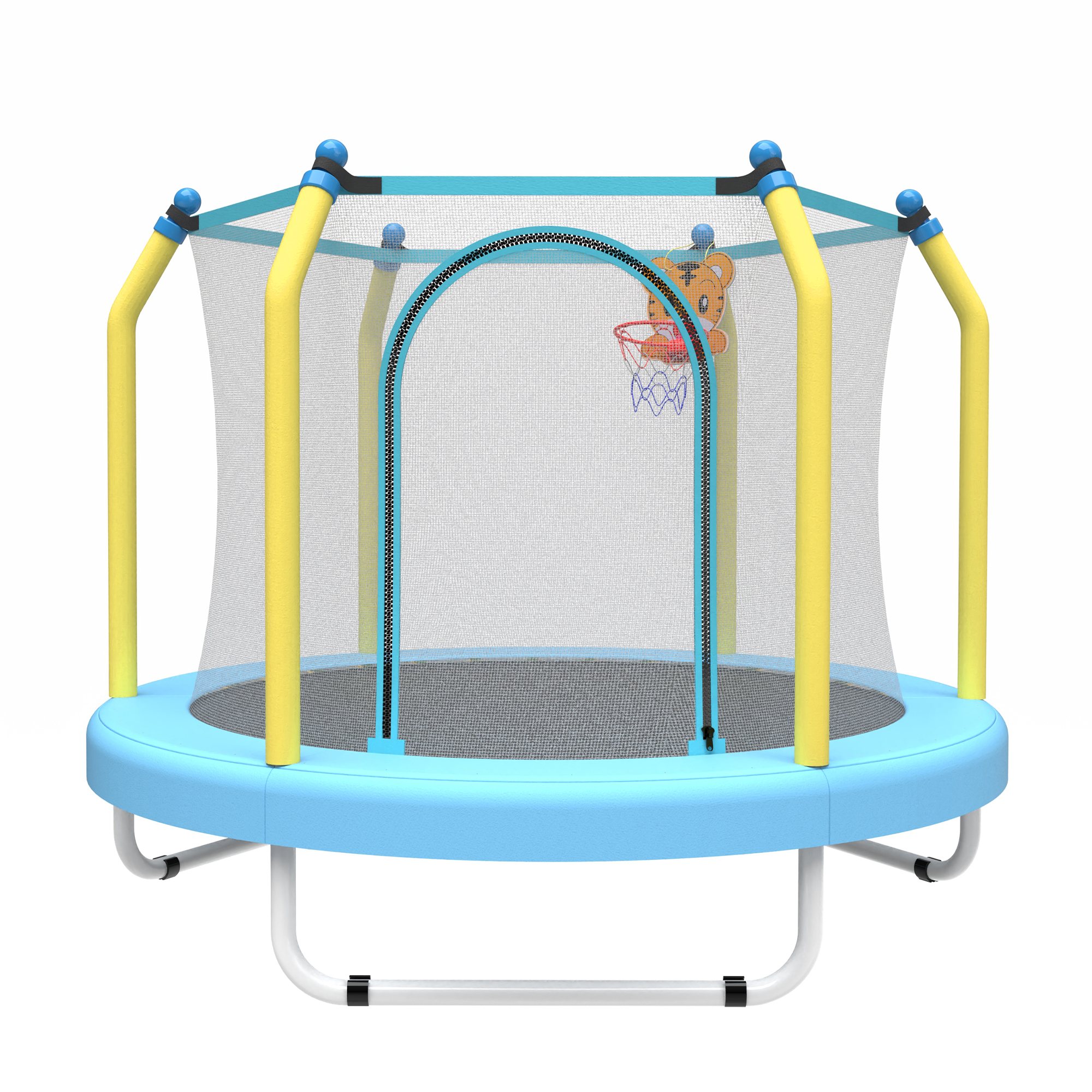 thumbnail video image 2 of SHINPT 55" Toddler Trampoline with Enclosure, Child's Mini Trampoline for Boys&Girls, Indoor & Outdoor Kids Trampoline with Basketball Hoop, Entertainment Trampoline for Backyard, Patio, 2 of 11