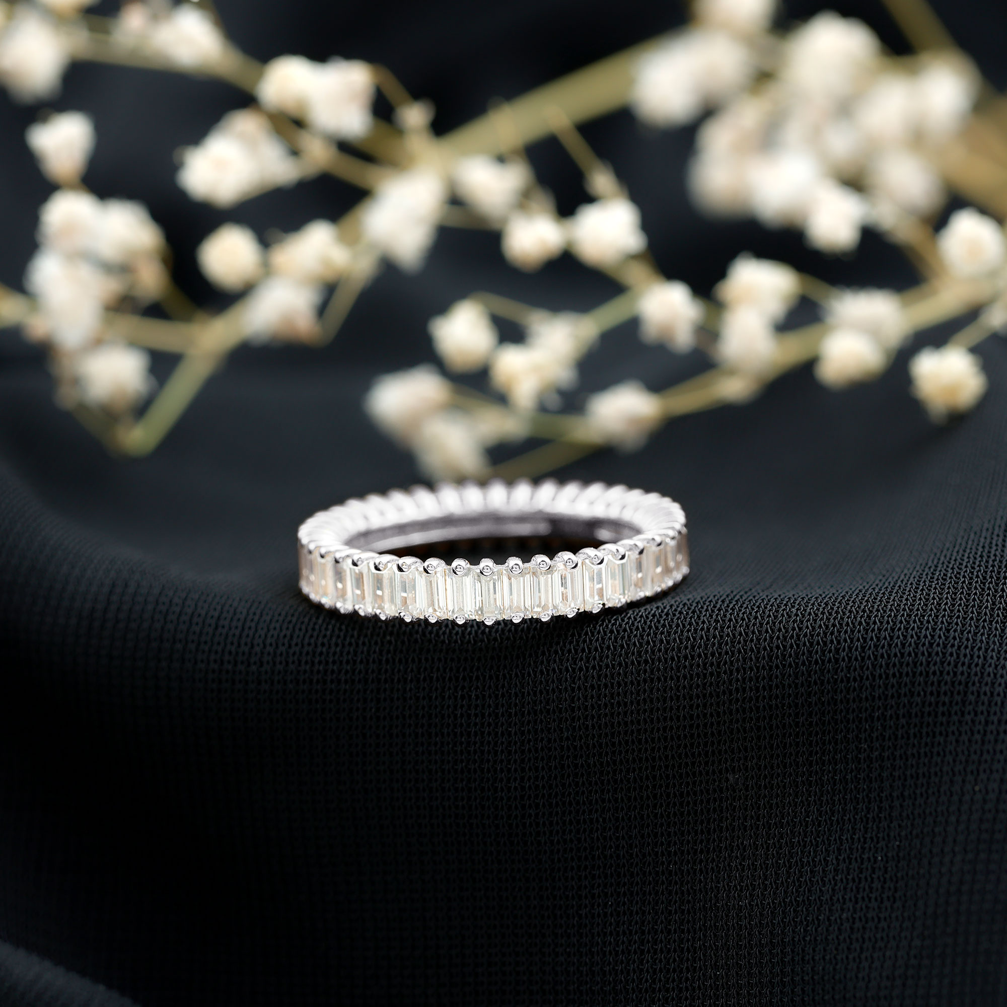 thumbnail video image 2 of Rosec Jewels Full Eternity Ring with Baguette Moissanite for Women (3.50 CT), 14K White Gold, US 3.50, 2 of 8