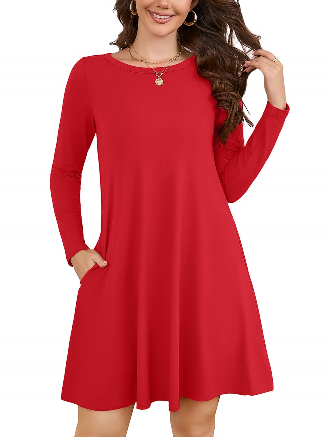 thumbnail video image 2 of Chiclily Women's Long Sleeve Casual Dress Burgundy Large Tunic Dress Loose T-Shirt Dress with Pockets, 2 of 8