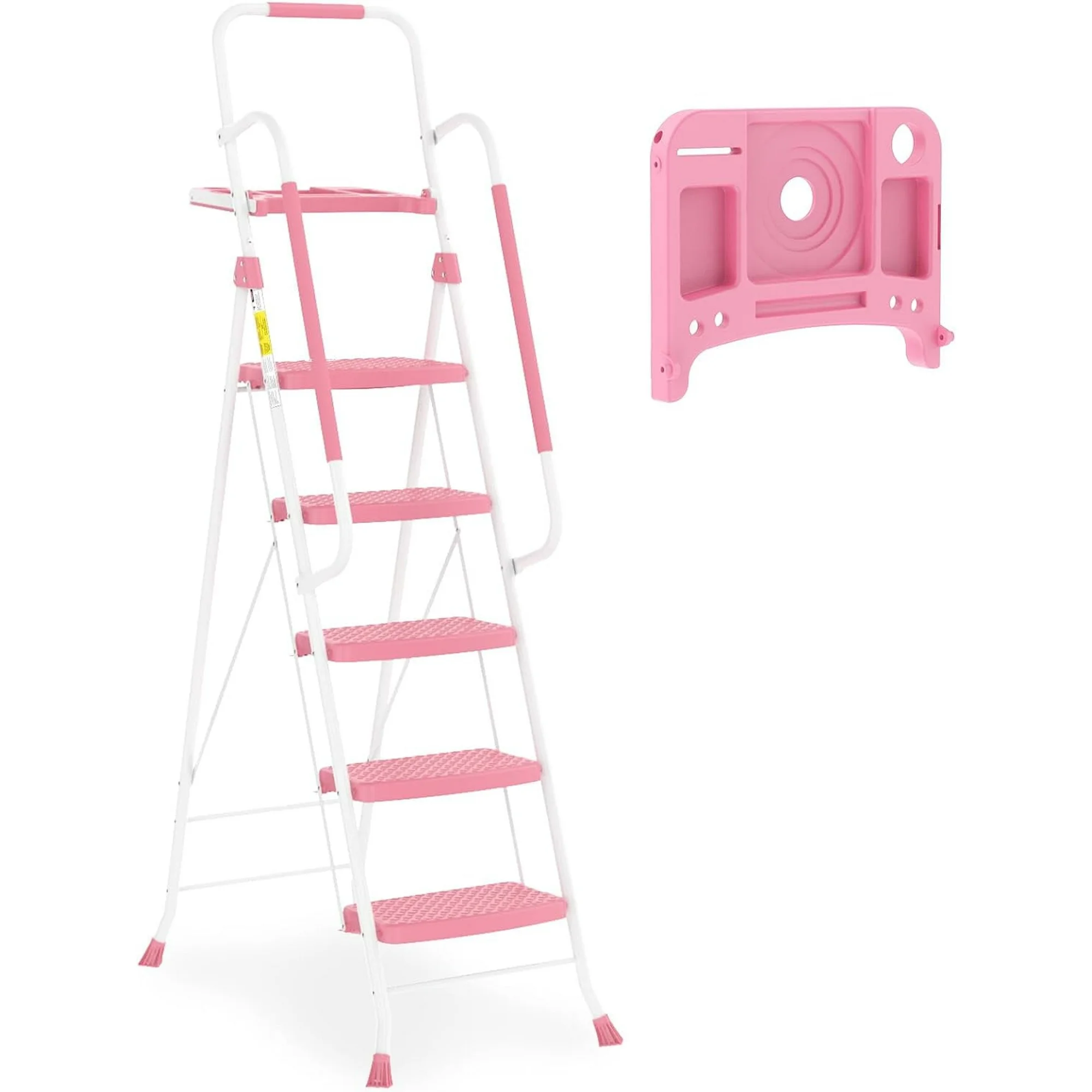 thumbnail video image 2 of HBTower Folding 5-Step Ladder with Handrails and Tool Tray, Anti-Slip Wide Pedals, Safety Ladder for Adults, Pink, 2 of 11