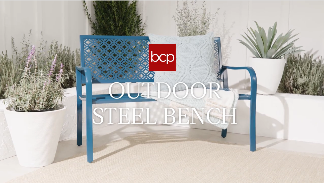 thumbnail video image 2 of Best Choice Products Indoor Outdoor Steel Garden Bench w/ Geometric Backrest, Foot Levelers - Taupe, 2 of 9