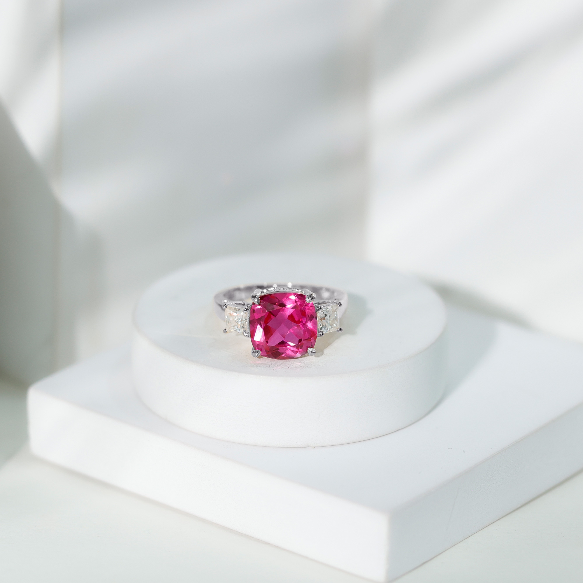 thumbnail video image 2 of Rosec Jewels Lab Grown Pink Sapphire Solitaire Ring with Moissanite - 10 mm - AAAA Grade, 14K White Gold, US 13.00, 2 of 7