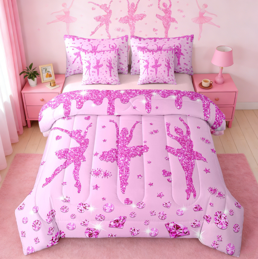 thumbnail video image 2 of jejeloiu Girly Ballet Twin Bedding Sets 7-Piece,Ballerina Dancer Bedding Comforter Set,Pink Bling Diamond Sheet Sets For Teens,Luxury Bedroom Decor Reversible, 2 of 9