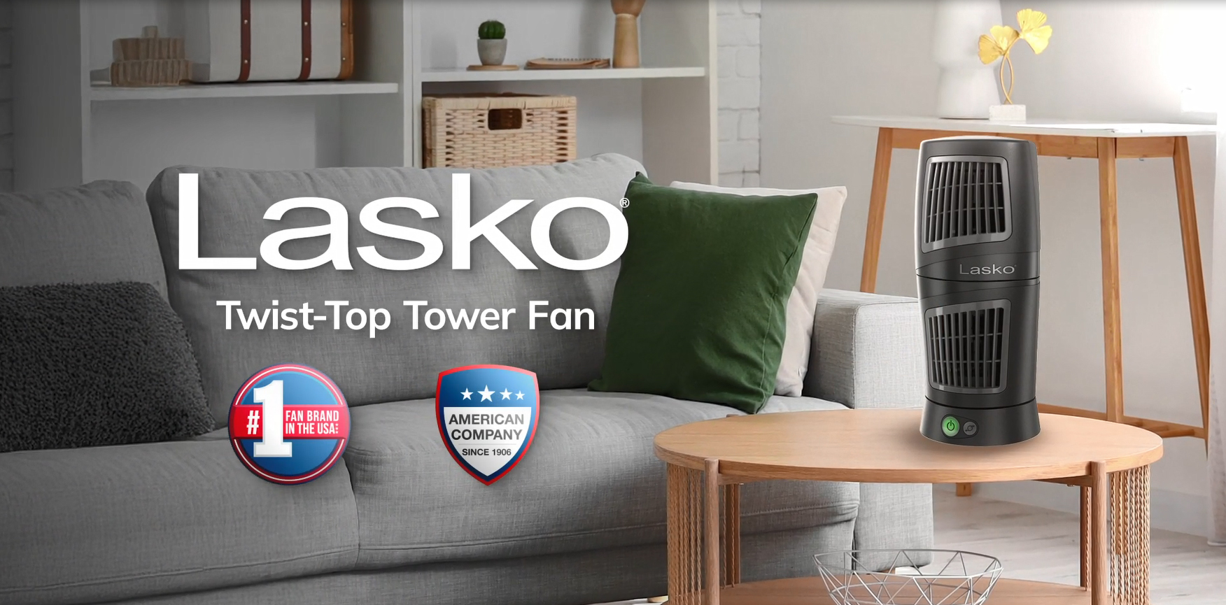 thumbnail video image 2 of Lasko 12" Twist-Top 3-Speed Oscillating Desktop Tower Fan, Black, 4911, 2 of 7
