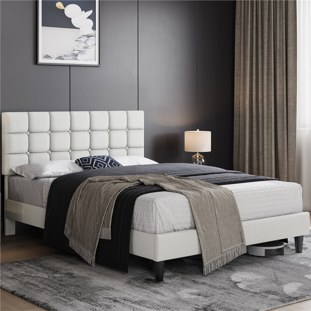 thumbnail video image 2 of Yaheetech Upholstered Platform Bed with Square Tufted Headboard, Queen, Beige, 2 of 8