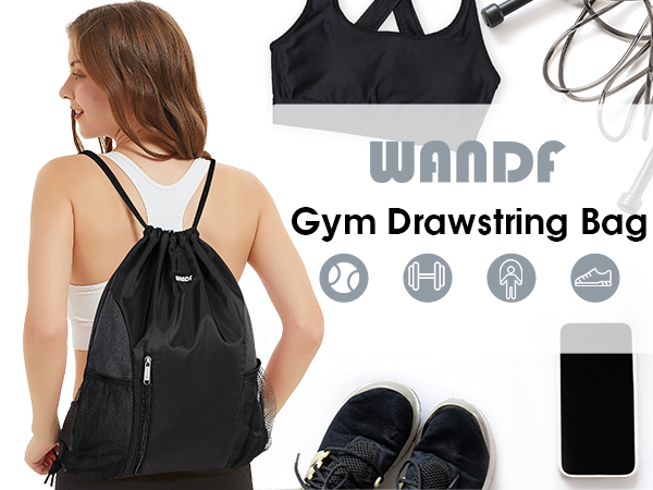thumbnail video image 2 of WANDF Drawstring Bag for Men Women,Drawstring Backpack,String Backpack with Mesh Pockets,Waterproof Sports Gym Bag ,Large Athletic Sackpack for Beach,Swimming,Cycling(Black), 2 of 12