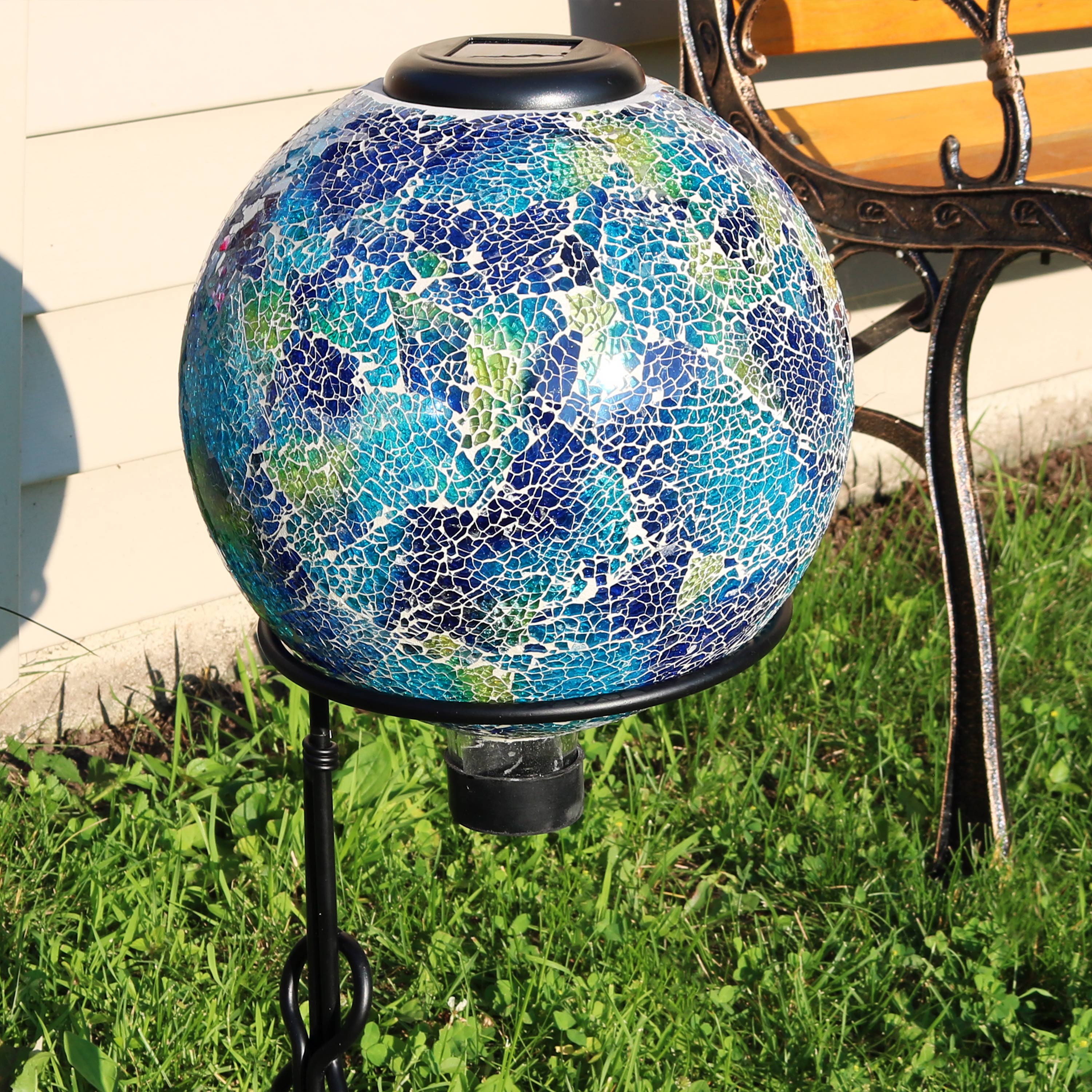 thumbnail video image 2 of Sunnydaze Blue Cool Blossoms 10" Mosaic Glass Outdoor Gazing Globe with Solar Light, 2 of 11