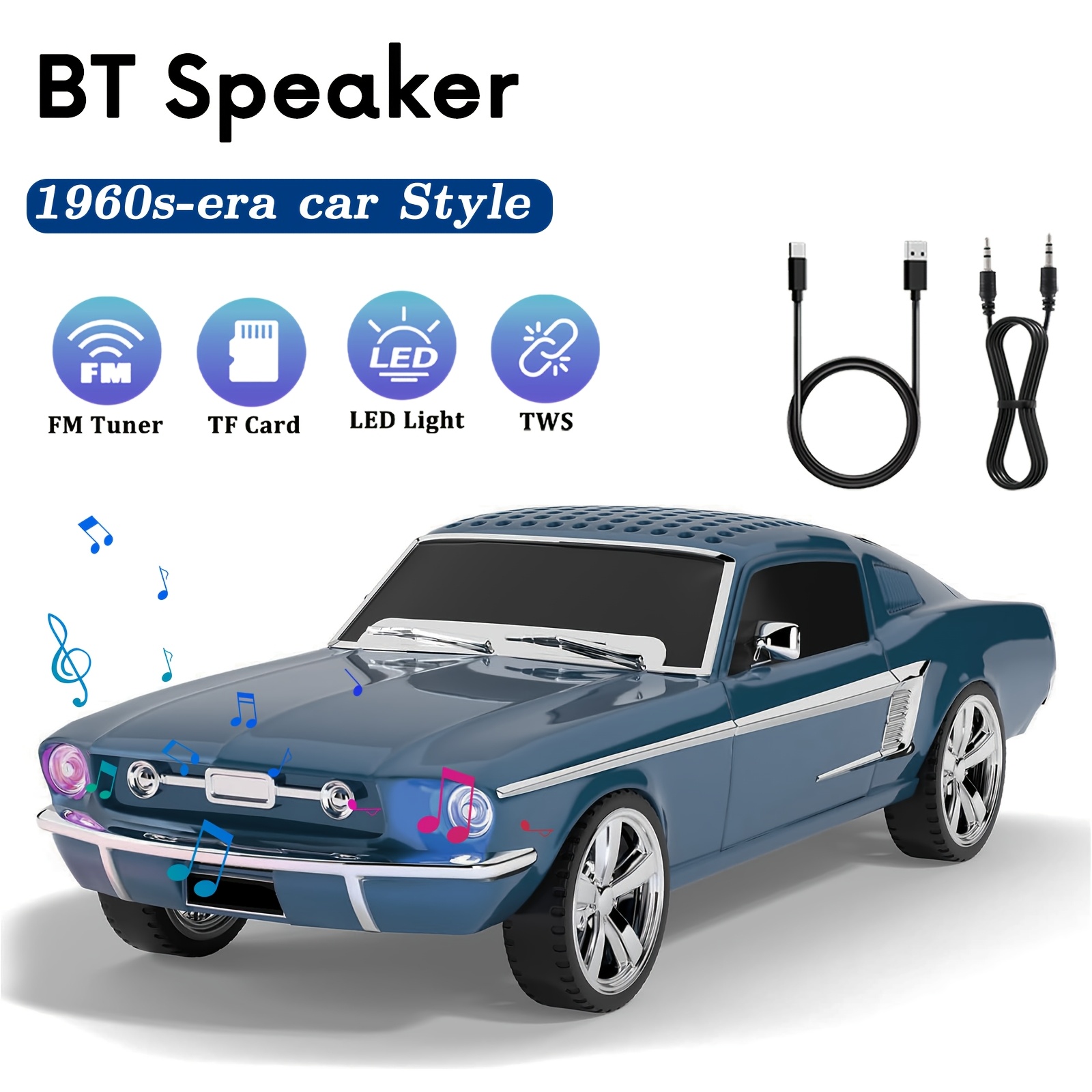 thumbnail video image 2 of Lohoms Retro 1960s Car-Inspired Bluetooth Speaker with Deep Bass, Dual Tweeter, LED Lights, FM Radio, USB Rechargeable, Portable Wireless Speaker for Home, Parties & Car(Blue), 2 of 12